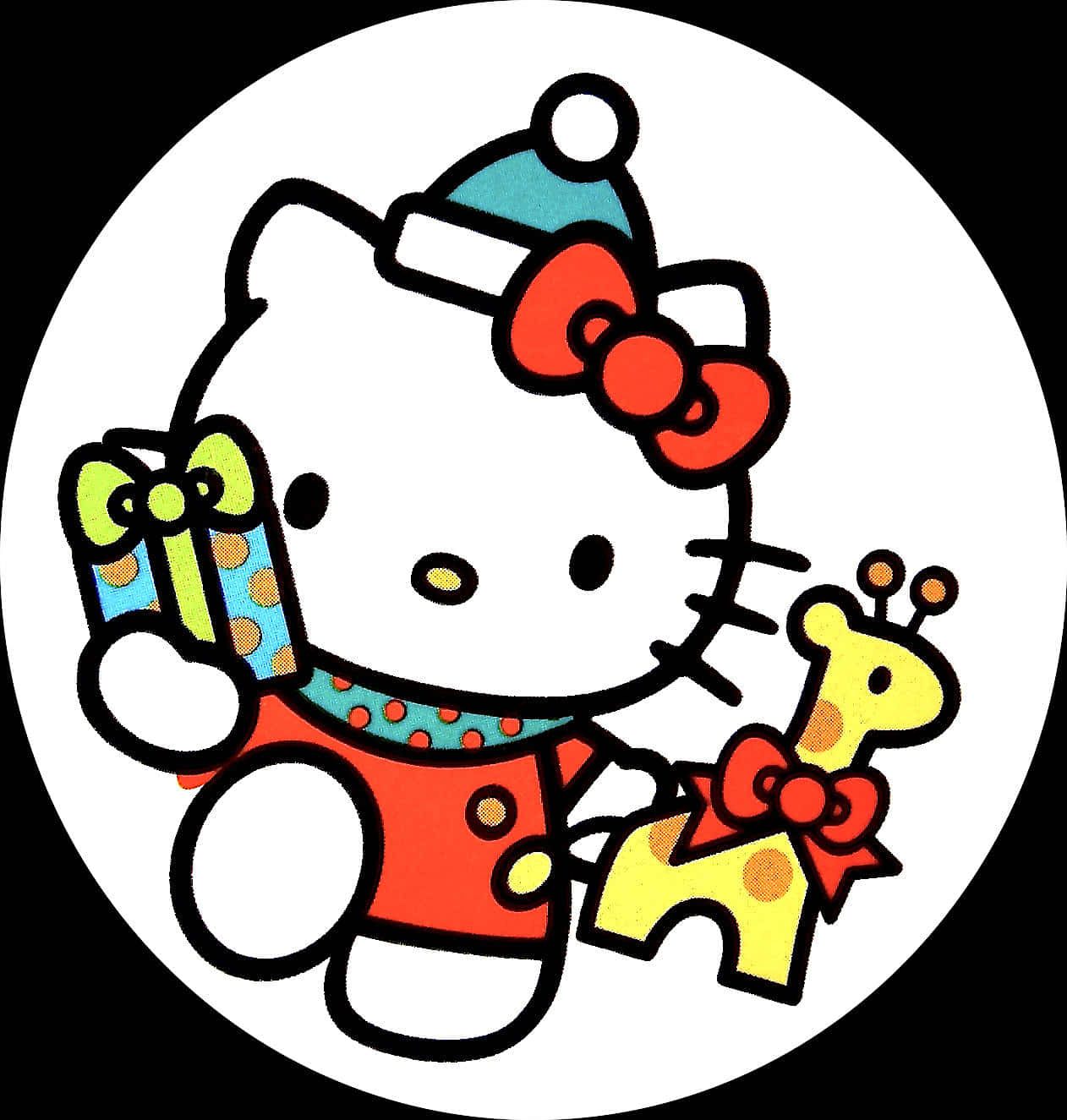 聖誕節Hello Kitty三麗鷗頭像 壁紙 — Hello Kitty 身穿節日服裝，在純黑色背景前手持禮物和長頸鹿玩具。