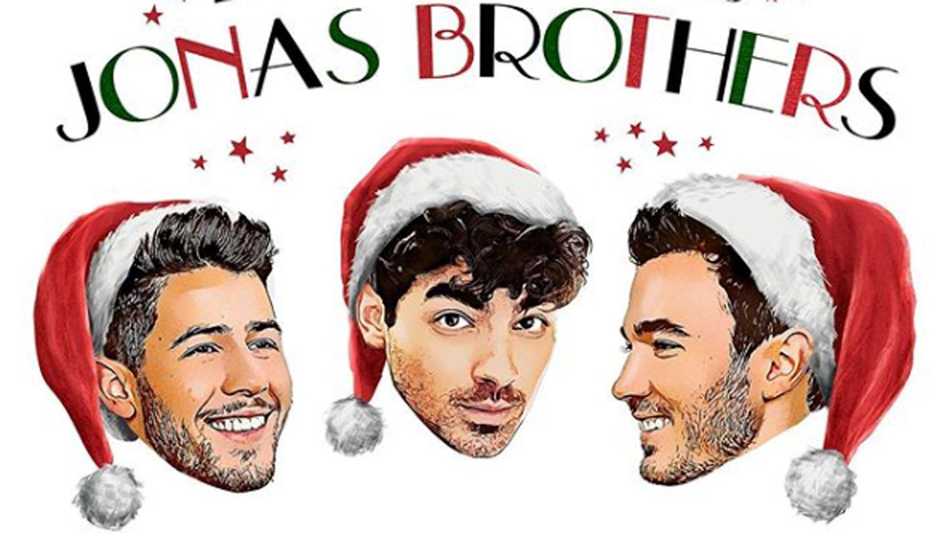 聖誕節主題Jonas Brothers海報 壁紙 — 三個插圖男性面孔戴紅色聖誕帽，在節日「Jonas Brothers」文字和星星下微笑。