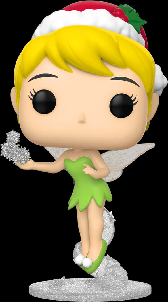 聖誕節主題小叮噹擺飾 壁紙 — 一個戴著節日聖誕老人帽的Funko Pop!小叮噹乙烯基公仔，在黑色背景前拿著閃閃發光的雪花。