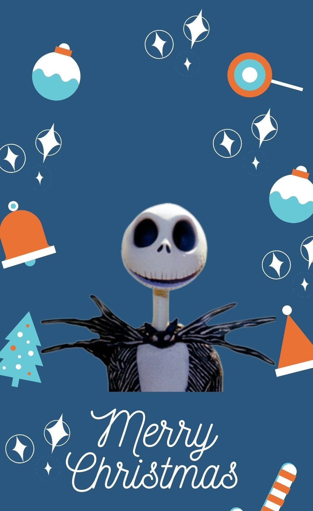 Jack Skellington 被聖誕裝飾同星星包圍，帶有「聖誕快樂」字樣。