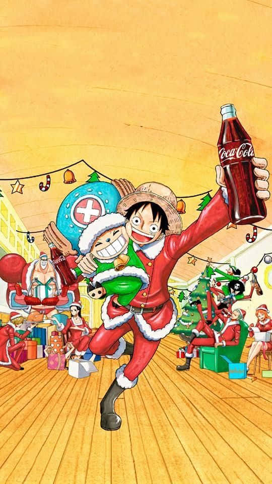 路飛和喬巴穿著聖誕老人服裝在聖誕派對上與可口可樂跳舞。