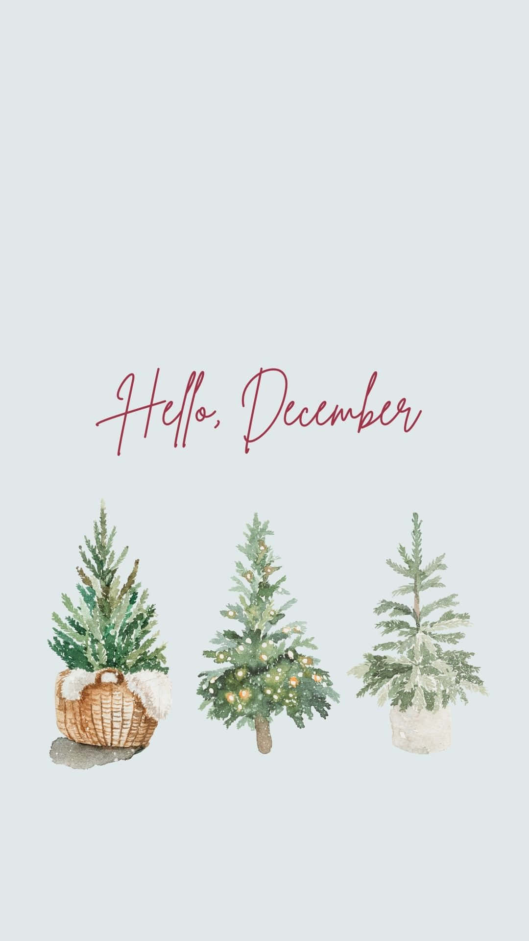三個水彩聖誕樹，放在籃子和花盆中，並有 hello december 文字。
