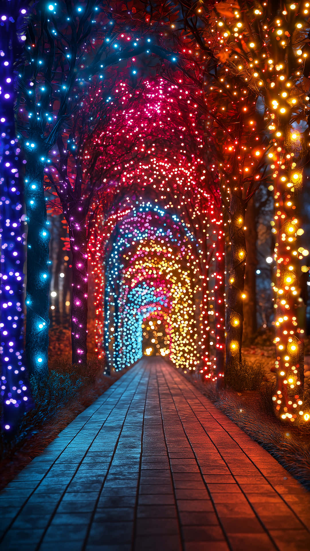 夜晚，一條磚砌小徑蜿蜒穿過由彩色串燈照亮的森林隧道。