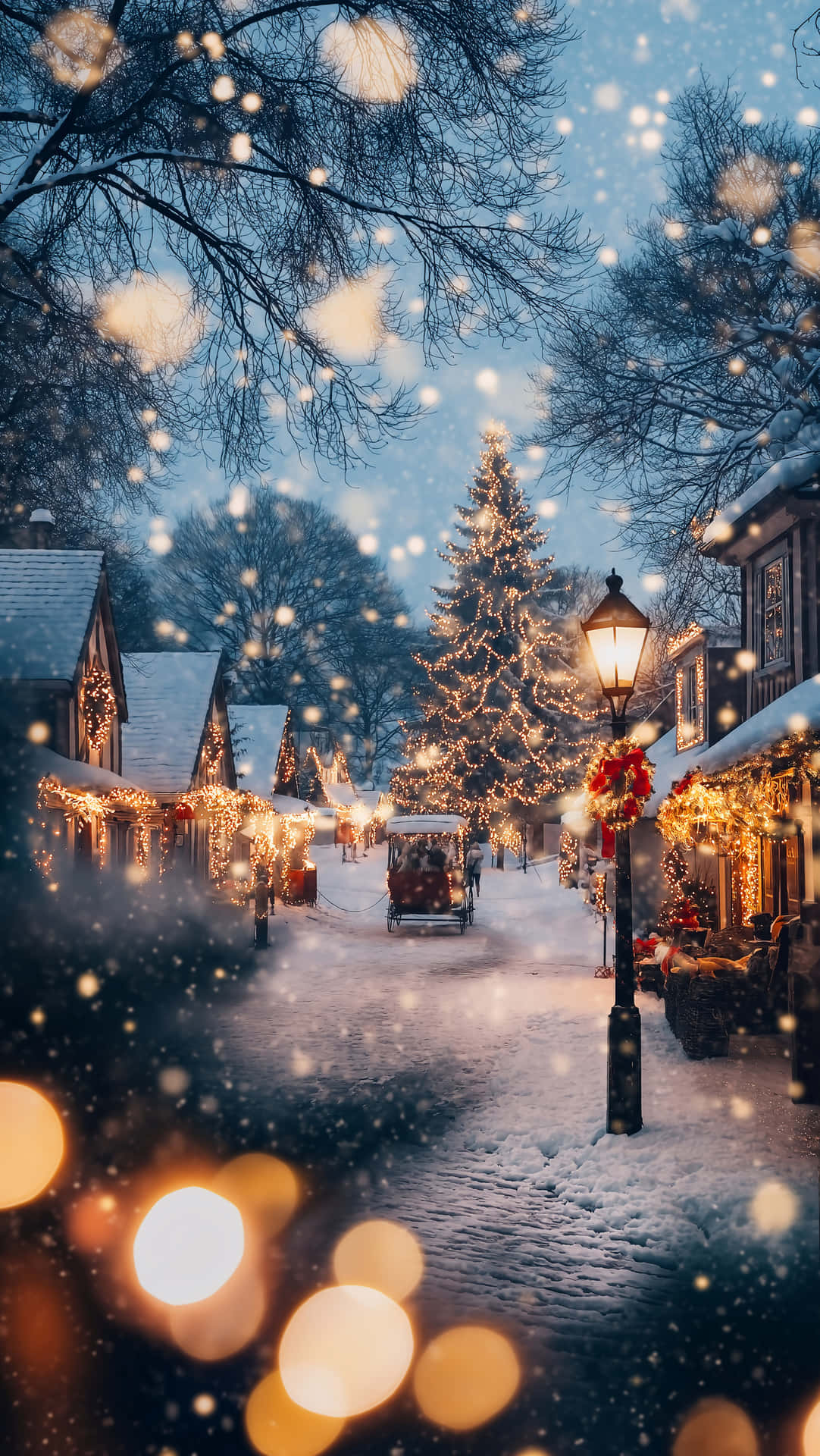 夜晚的雪村街道，閃爍的聖誕燈飾和裝飾樹。