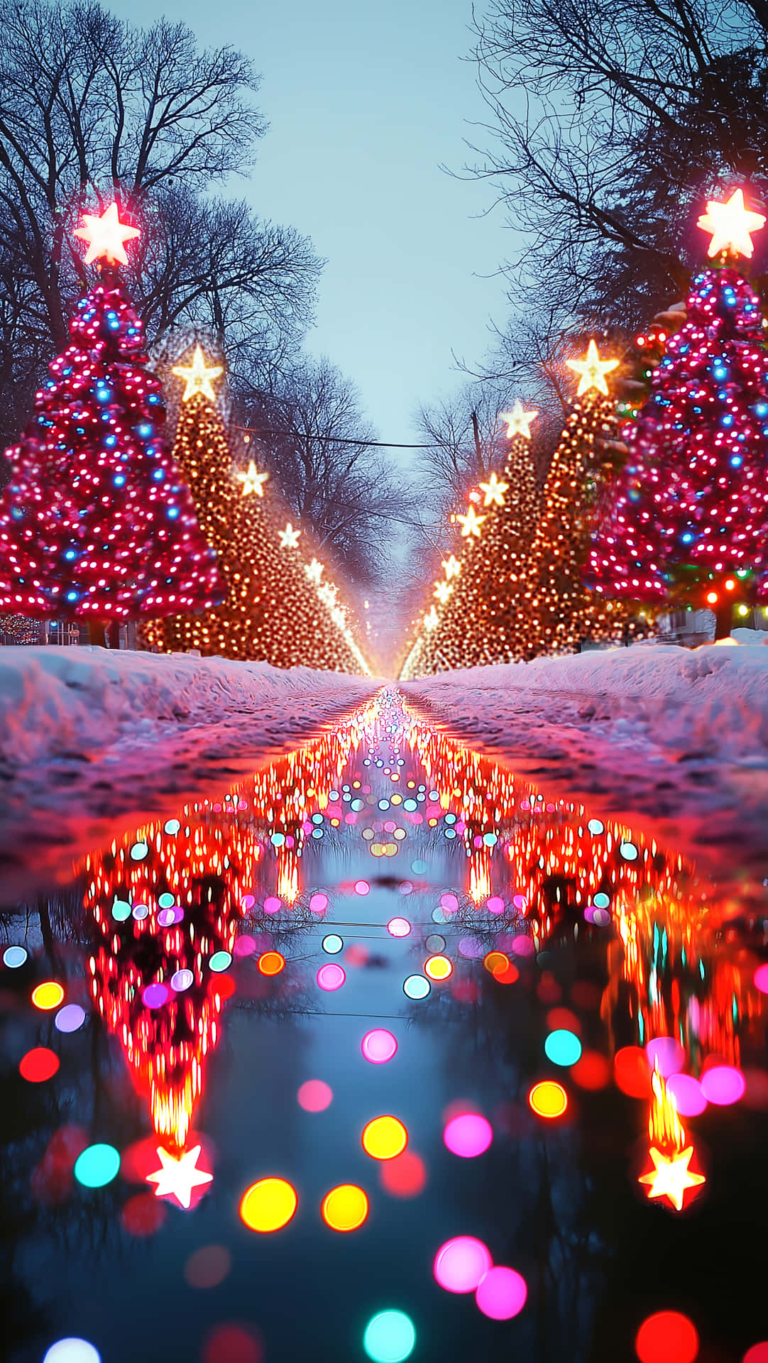 雪徑上發光的聖誕樹在暮色天空下的水坑中倒映