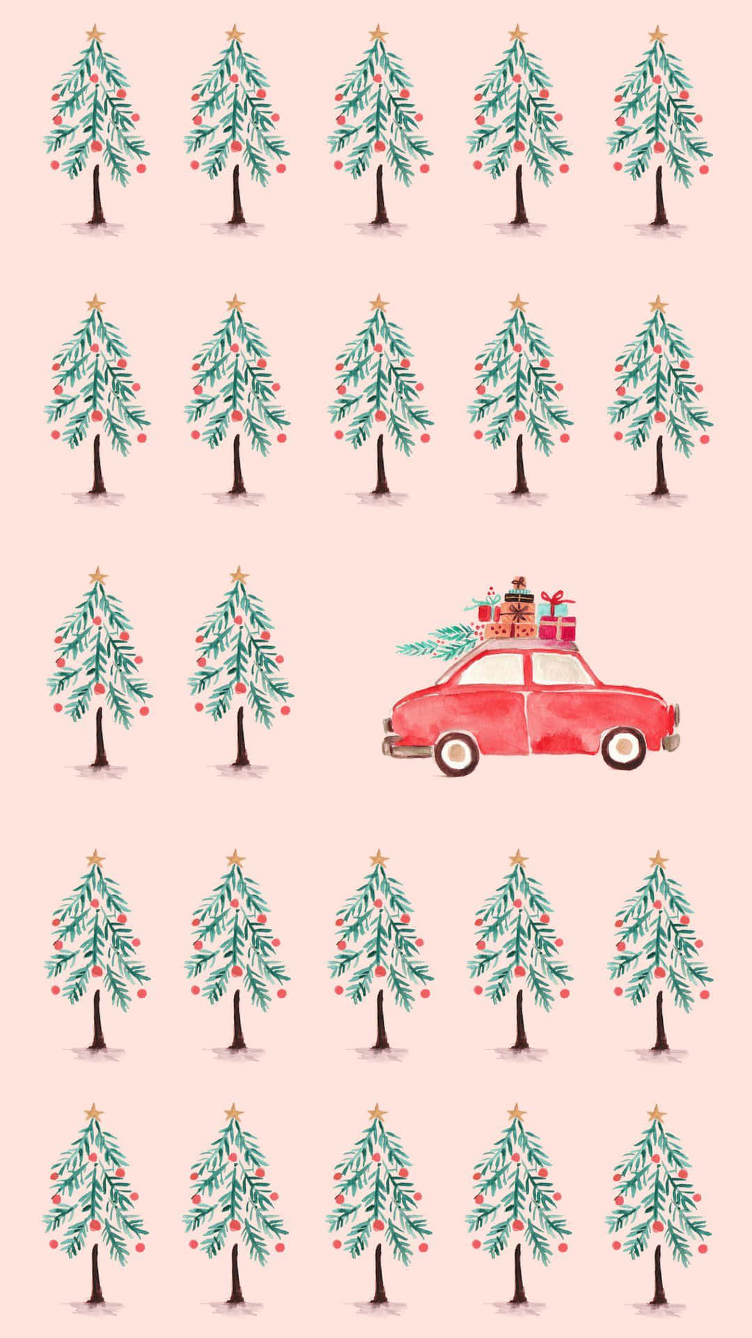 紅色復古車載著禮物駛過聖誕樹田。