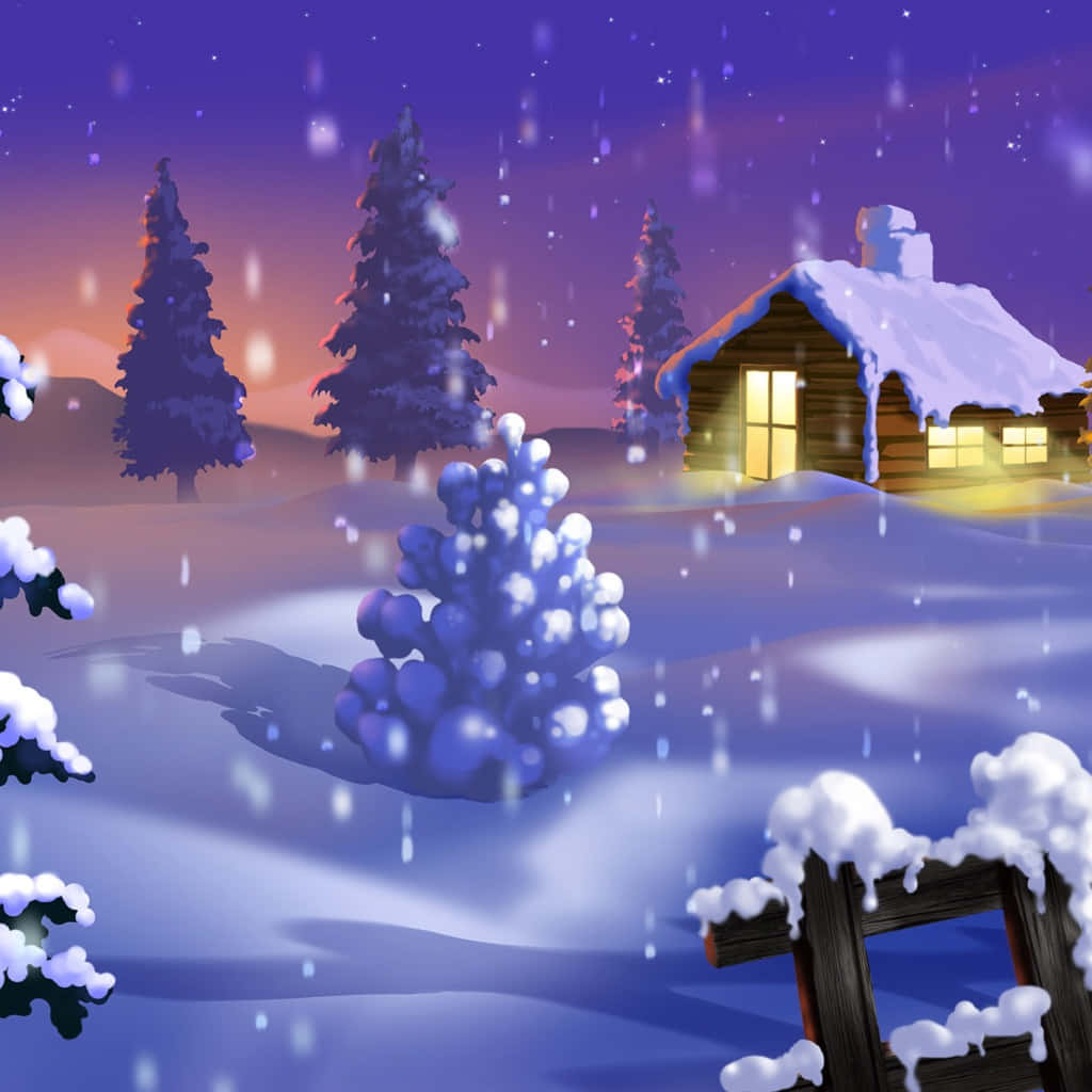 冬夜森林中，帶有發光窗戶的雪覆蓋小屋。