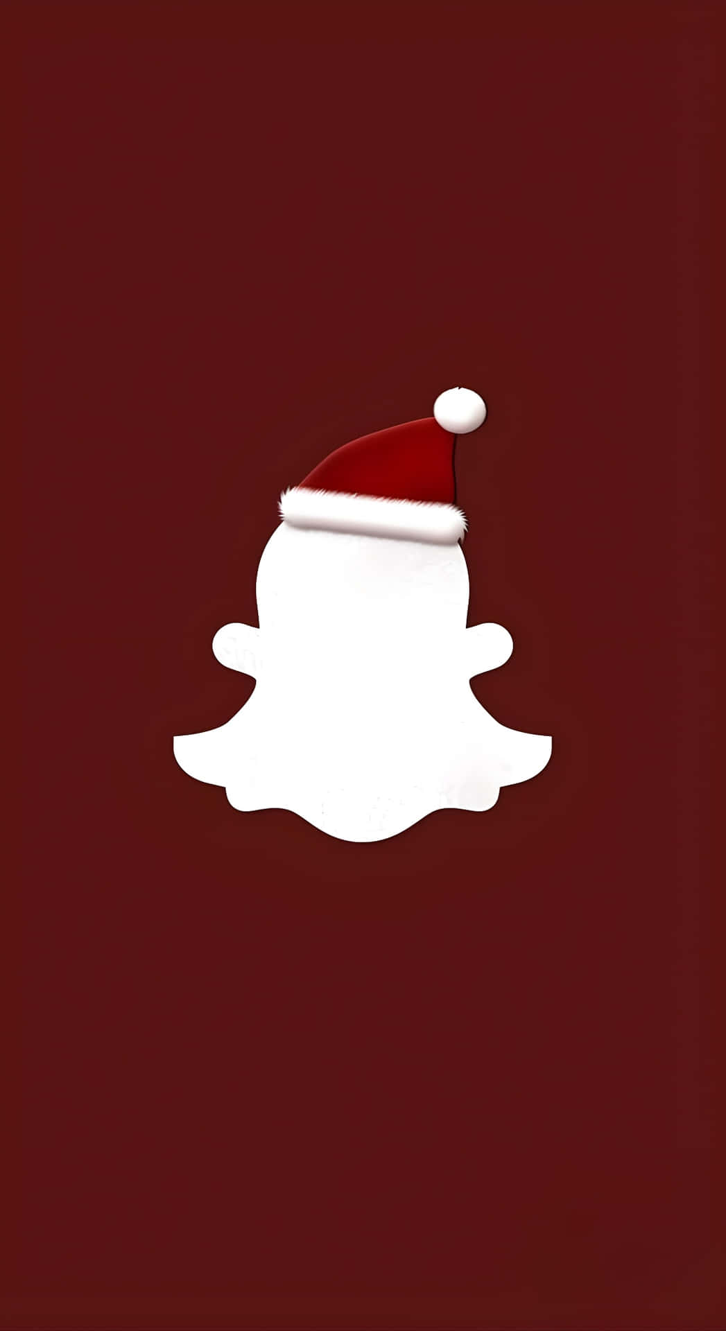 聖誕節版 Snapchat 鬼魂圖標 壁紙 — 白色Snapchat鬼魂戴著紅色聖誕帽，帽緣白色，背景為深栗色。