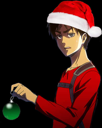 聖誕節艾倫與裝飾品 壁紙 — 動畫男孩戴紅色聖誕帽，手持綠色裝飾品，在純黑背景上表情嚴肅。
