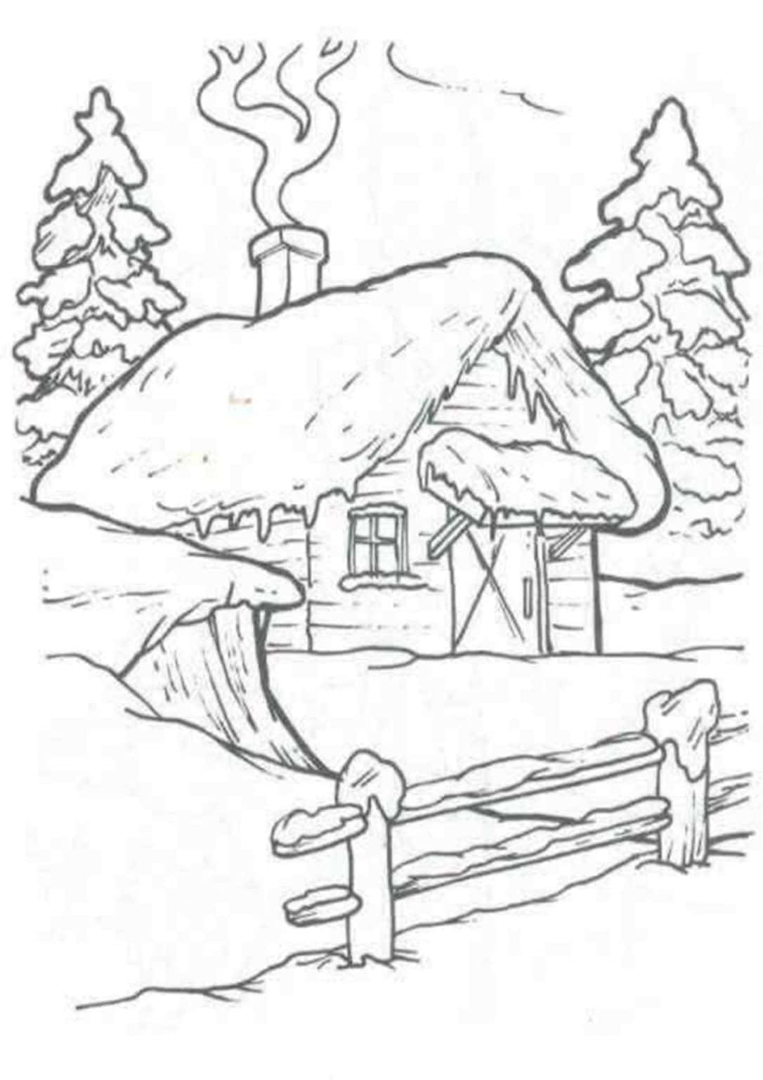 冬季小屋，煙囪冒煙，被雪和松樹環繞。