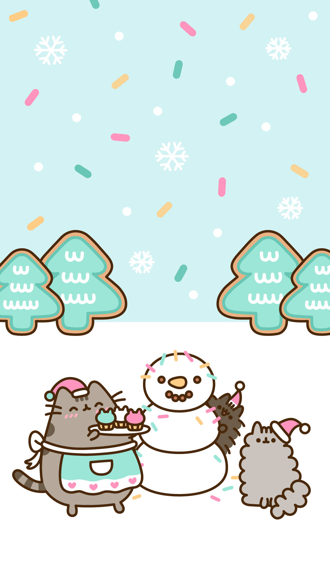 Pusheen貓咪和雪人用彩色糖粒和餅乾在冬日場景中慶祝。