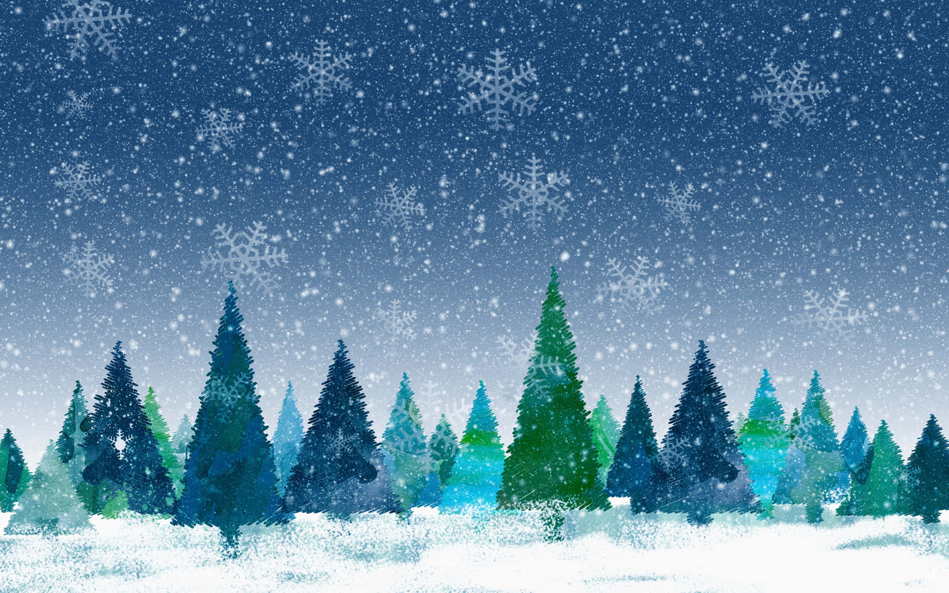 在寧靜的冬夜場景中，雪花飄落覆蓋著松樹。