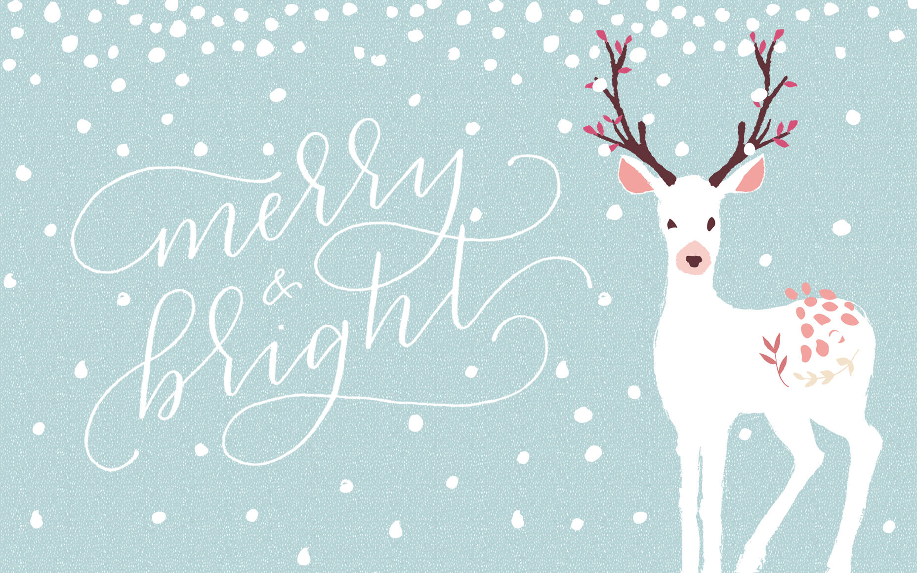 節日白鹿帶有粉紅色鹿角及花卉斑點，在飄雪中旁邊是「merry & bright」文字。