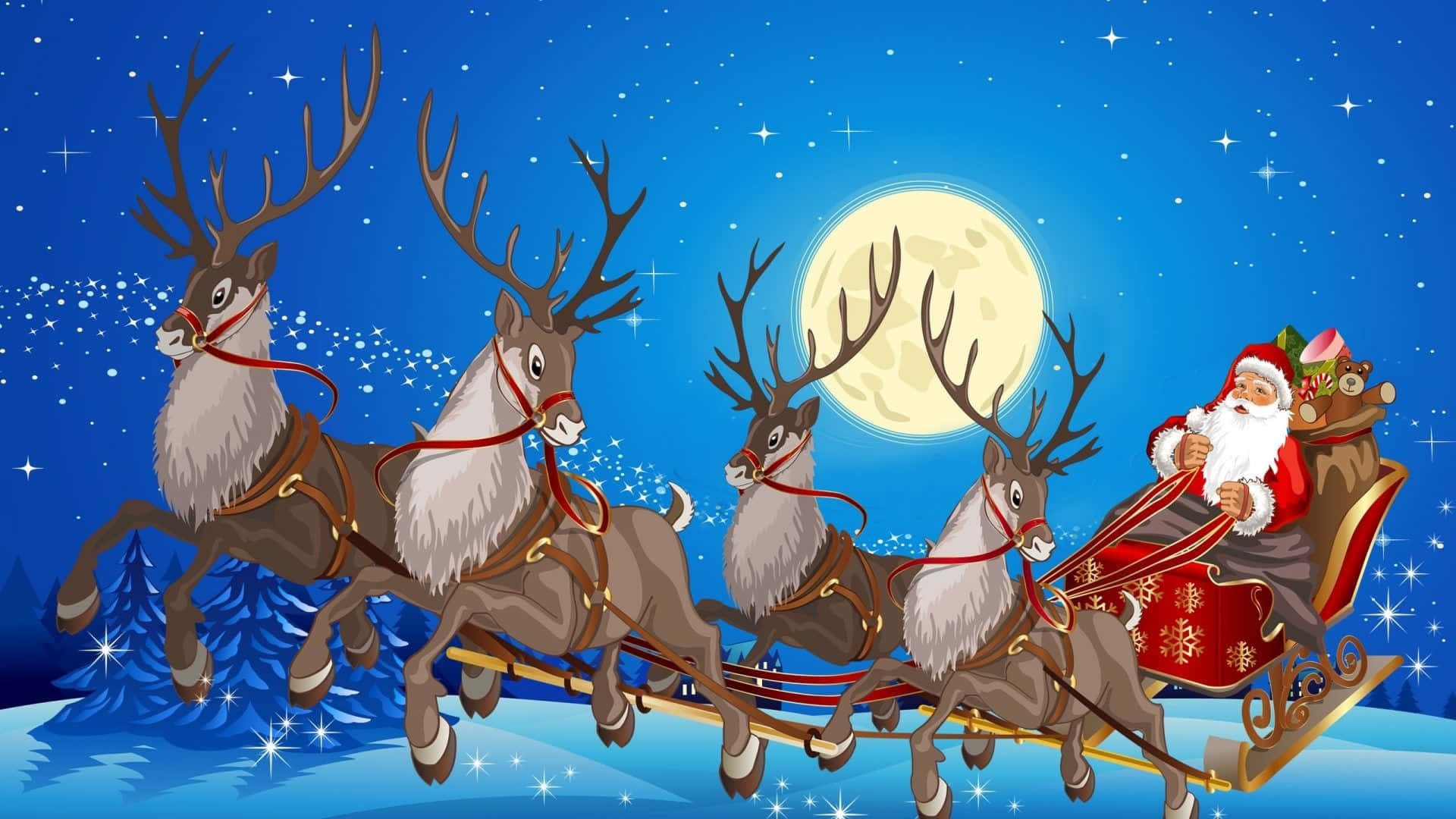 Santa Claus 桌布 壁紙 — 聖誕老人乘坐由四隻馴鹿拉動的雪橇，在明亮的滿月和星空下穿越雪景。