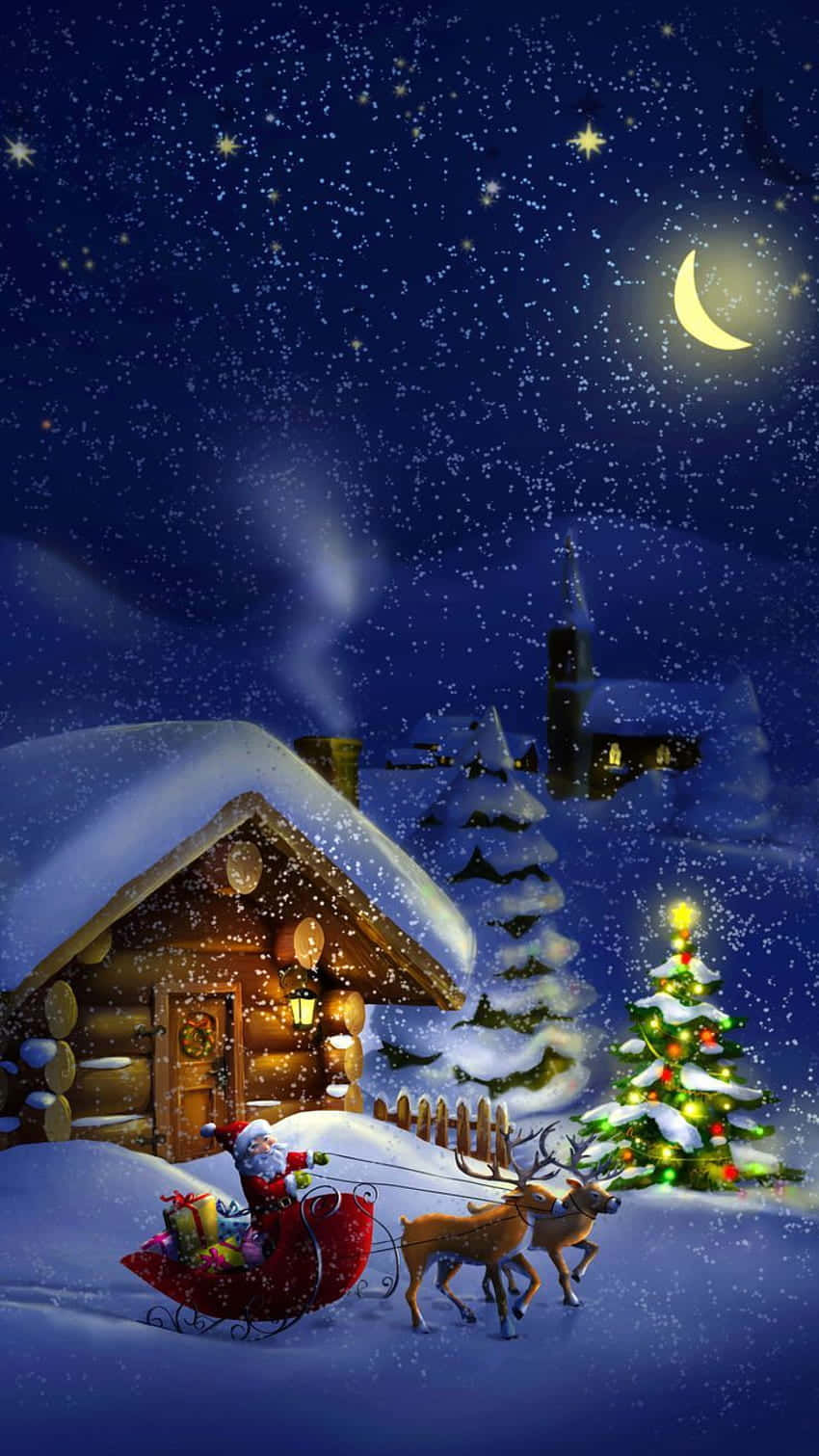 3d Christmas 桌布 壁紙 — 聖誕老人乘坐由馴鹿拉動的紅色雪橇，在星夜和彎月下滑過一間被雪覆蓋的小屋。