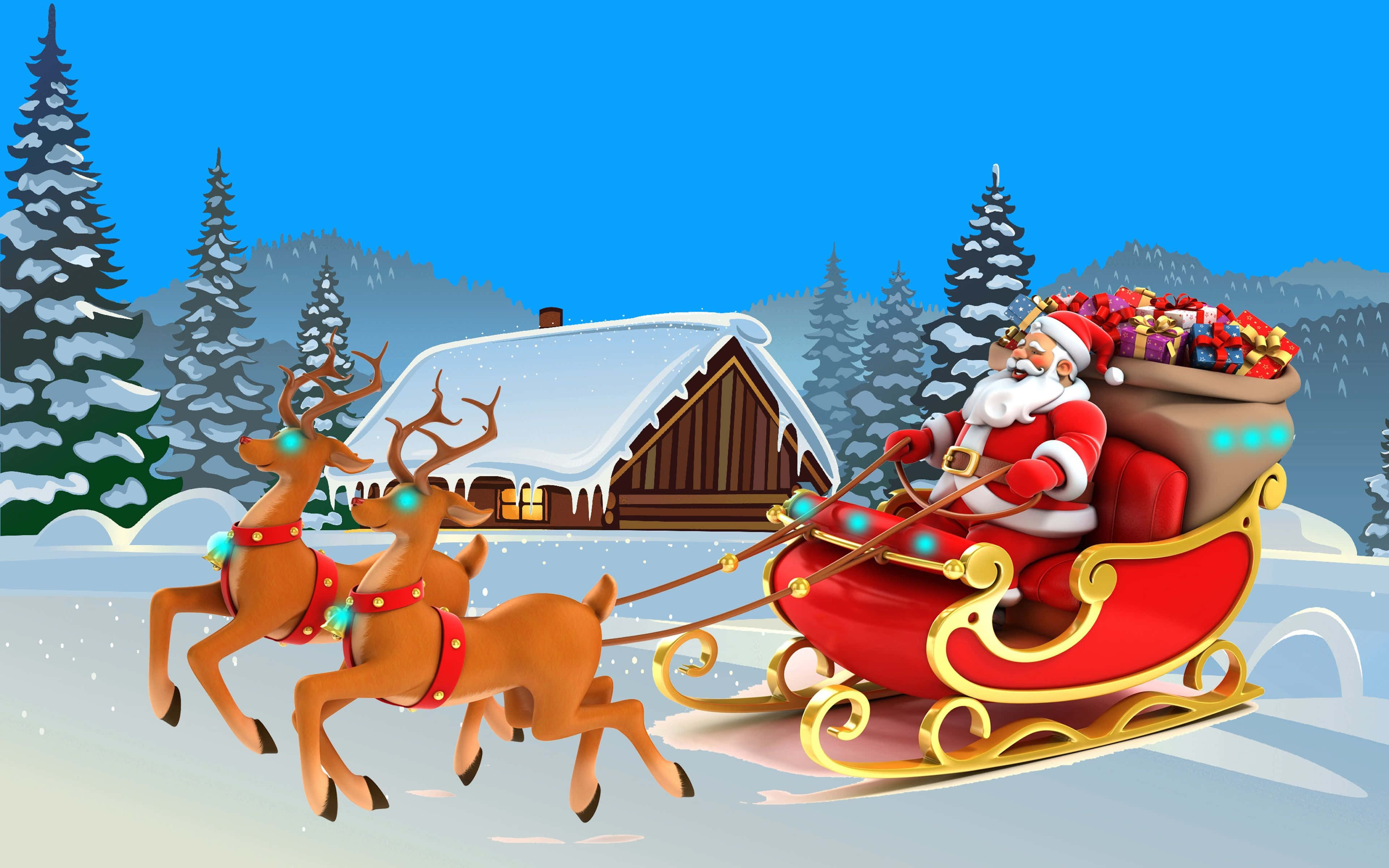Santa Claus 桌布 壁紙 — 聖誕老人乘坐由馴鹿拉動的紅色雪橇，在晴朗的藍天下飛越雪景，其中有木屋和松樹。