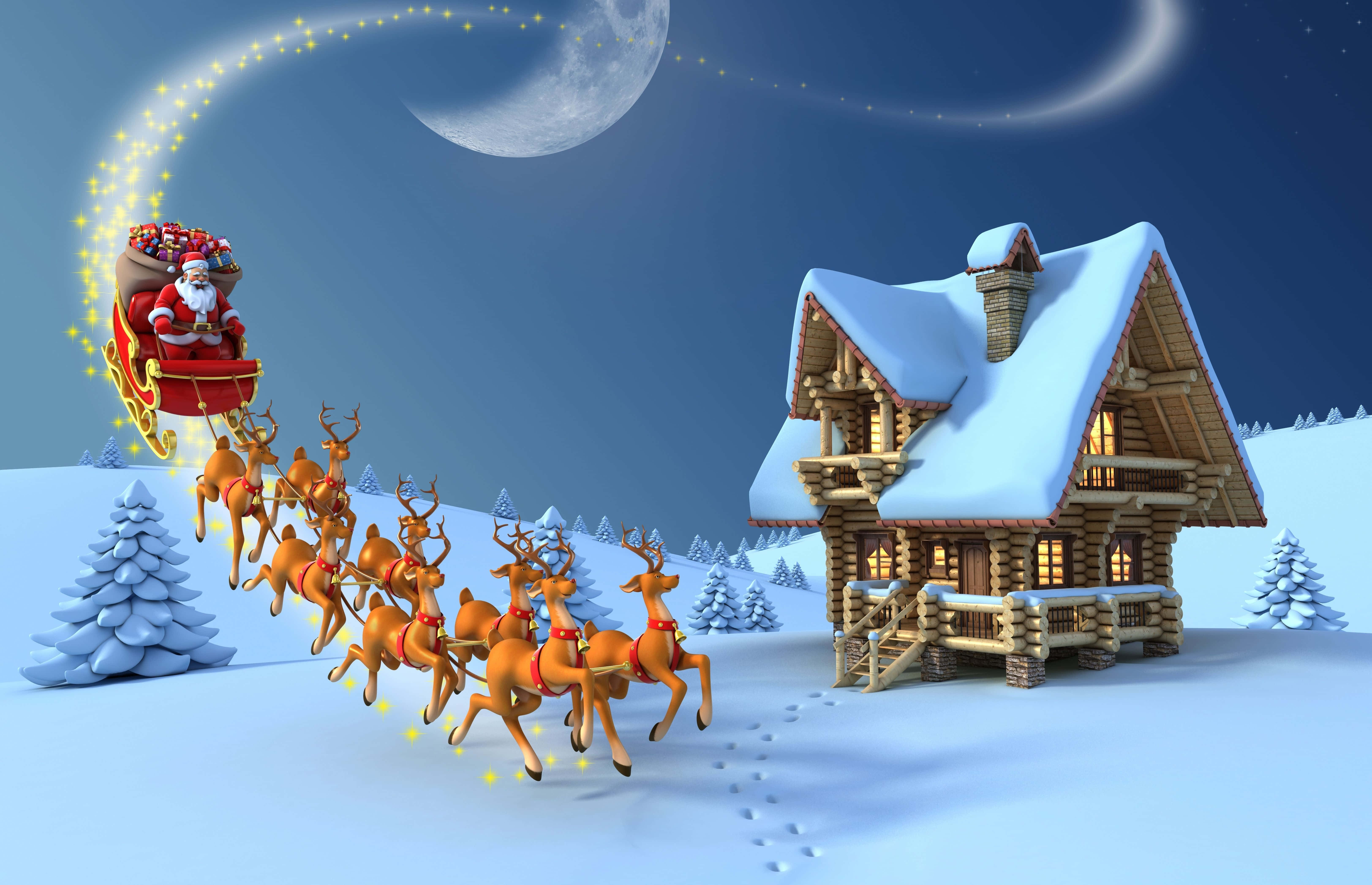 Santa Claus 桌布 壁紙 — 聖誕老人乘坐由馴鹿拉動的紅色雪橇，在彎月和星空下飛越積雪的木屋。