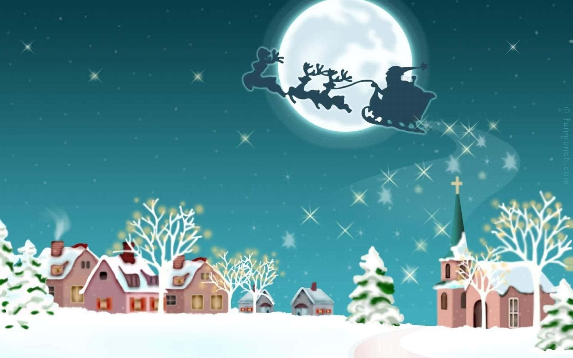 Vintage Christmas 桌布 壁紙 — 聖誕老人乘坐由馴鹿拉動的雪橇，在滿月下飛過一個積雪覆蓋的村莊，村莊裏有發光的窗戶和積雪的樹木。