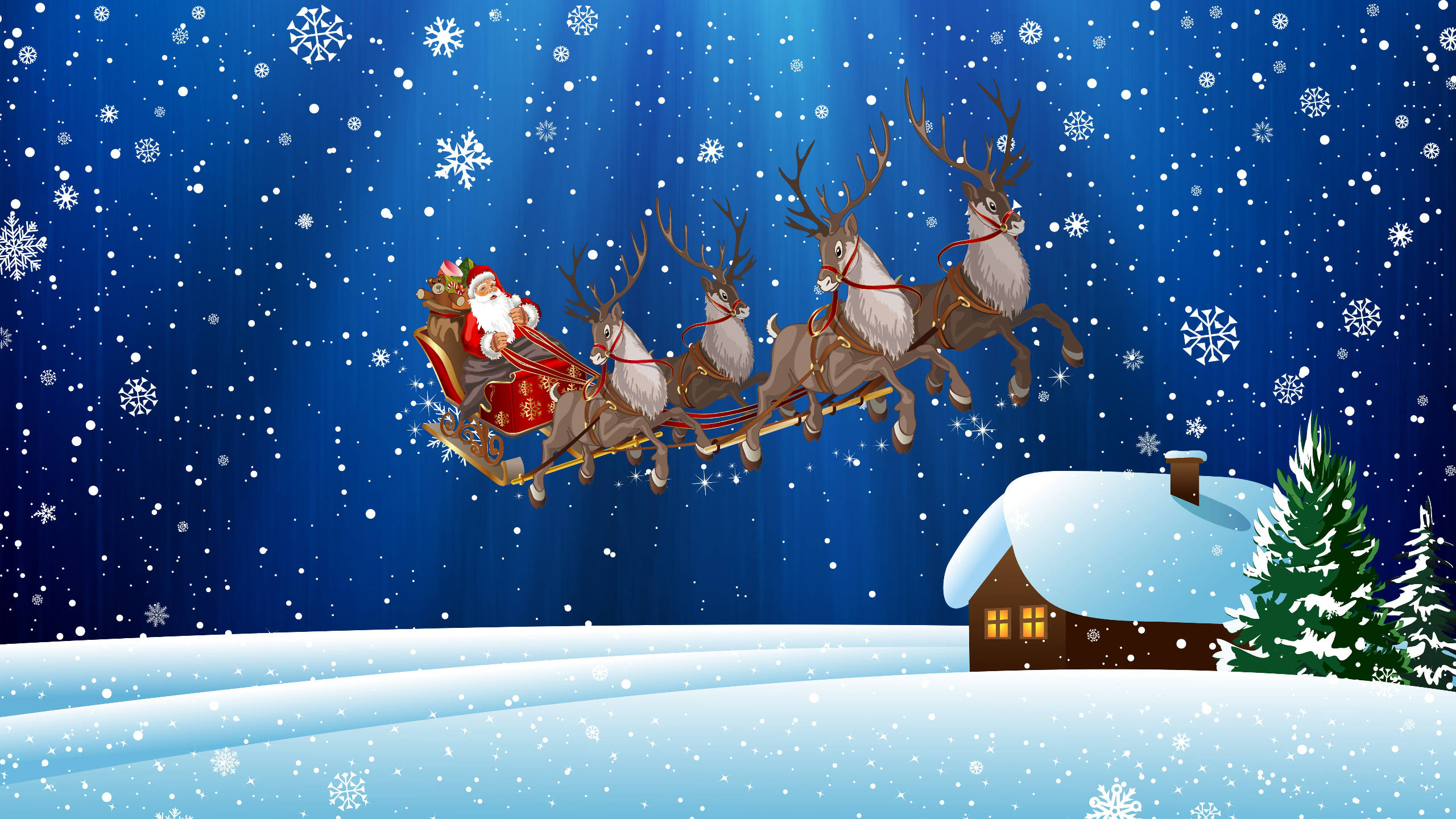Santa Claus Flying With Reindeers 壁紙 — 聖誕老人乘坐由馴鹿拉動的雪橇，在一個舒適的積雪覆蓋的房子上方穿越雪夜的天空。