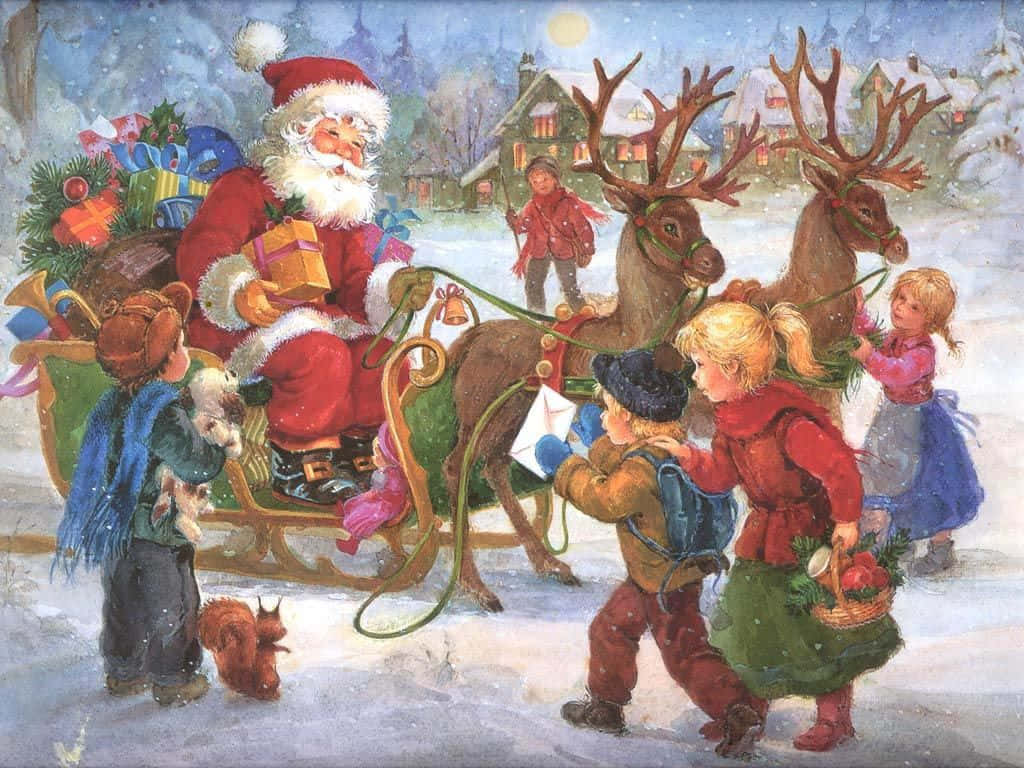 Vintage Christmas 桌布 壁紙 — 聖誕老人乘坐由馴鹿拉動的雪橇，在滿月下為雪村的孩子們送禮物。