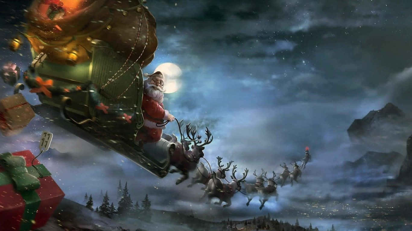 Santa Claus 桌布 壁紙 — 聖誕老人乘坐由馴鹿拉動的雪橇，在雪夜天空中飛越山區景觀。