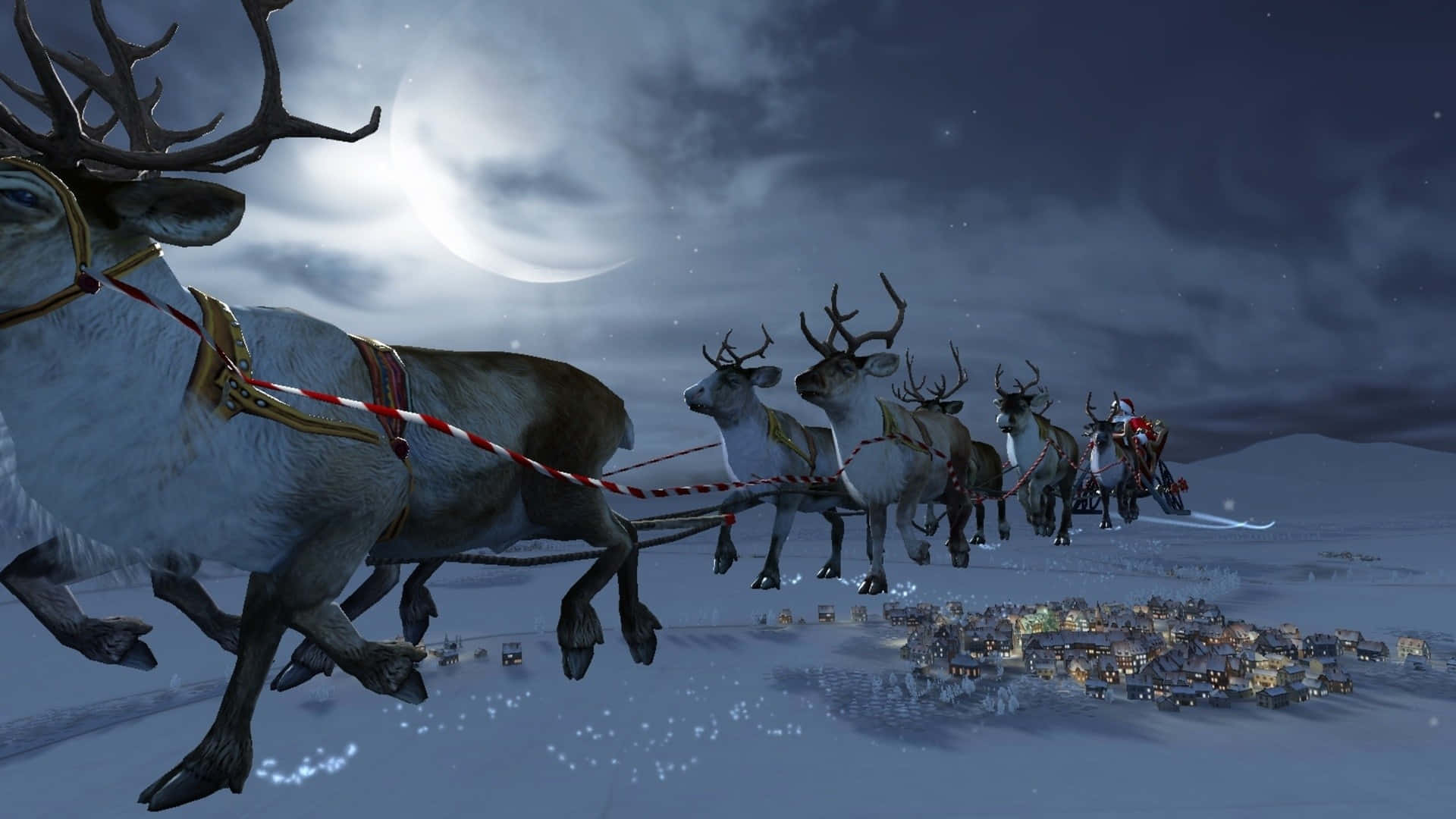 3d Christmas 桌布 壁紙 — 聖誕老人乘坐由馴鹿拉動的雪橇，在明亮的月光下飛越雪景。