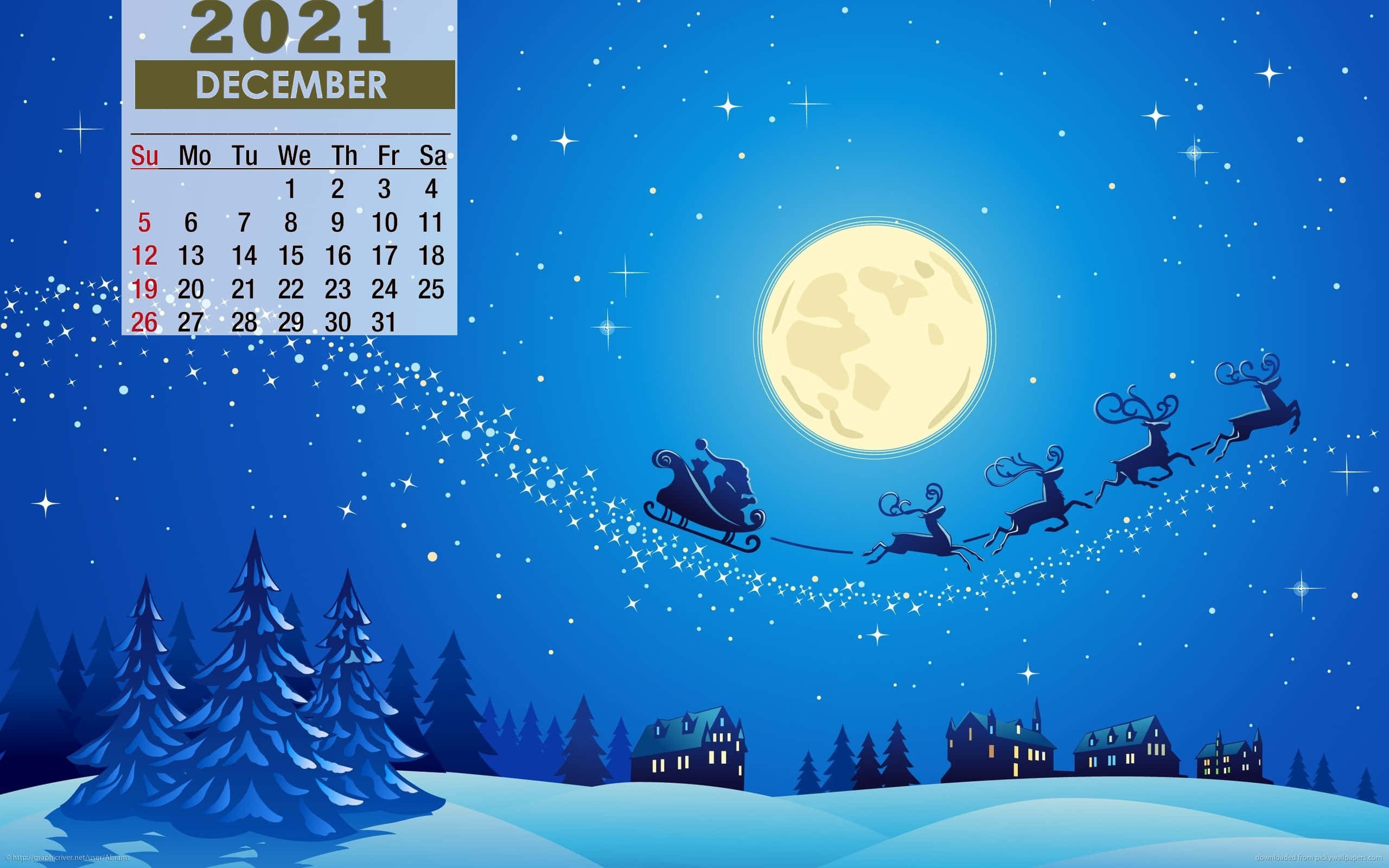 十二月 桌布 壁紙 — 聖誕老人乘坐由馴鹿拉動的雪橇，在繁星點點的冬夜天空中飛越白雪覆蓋的松樹和舒適的房屋。