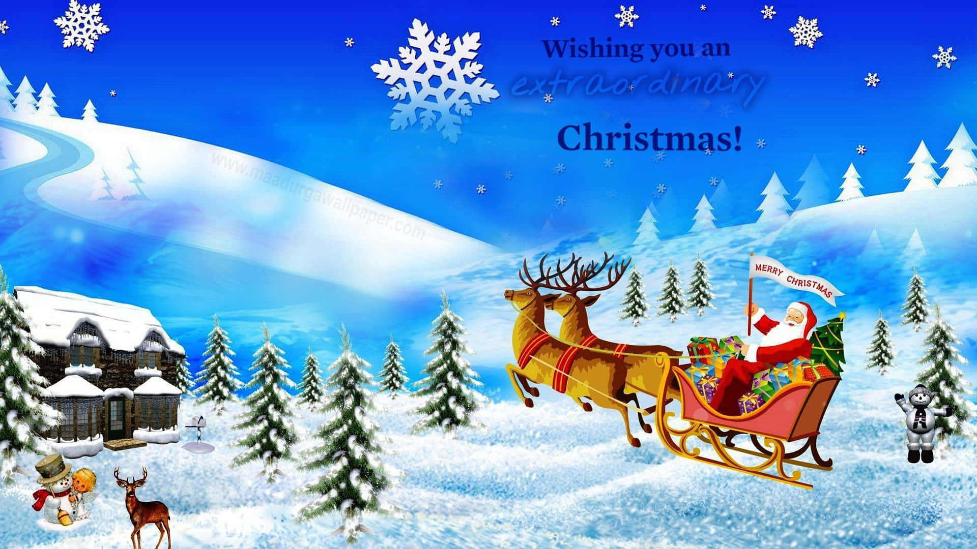 Santa Claus 桌布 壁紙 — 聖誕老人乘坐由馴鹿拉動的雪橇，穿越雪景，有被雪覆蓋的房屋和雪人，在藍天下飄著雪花。