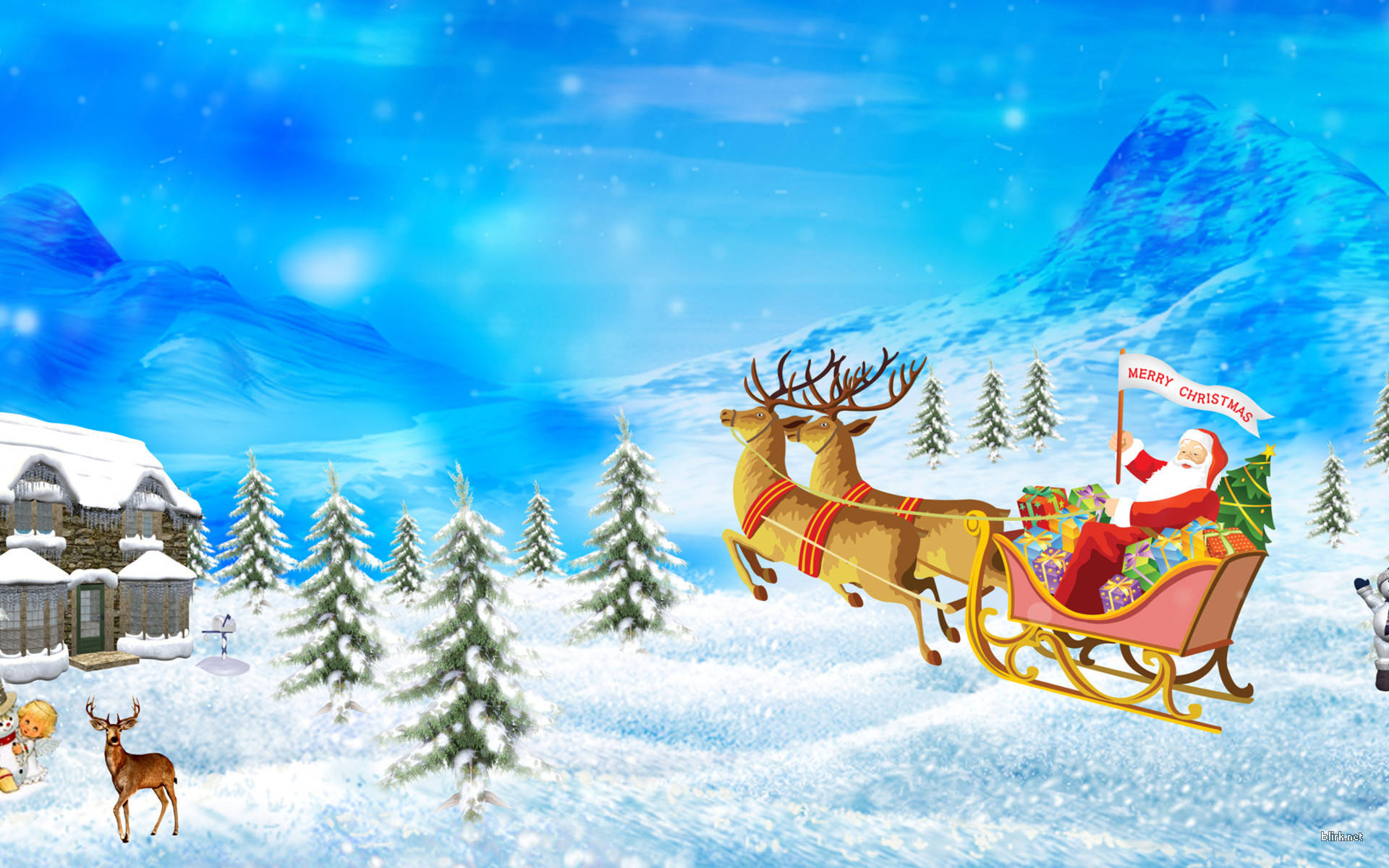 Santa Claus 桌布 壁紙 — 聖誕老人乘坐由馴鹿拉動的雪橇，越過有松樹和雪覆蓋房屋的雪山。