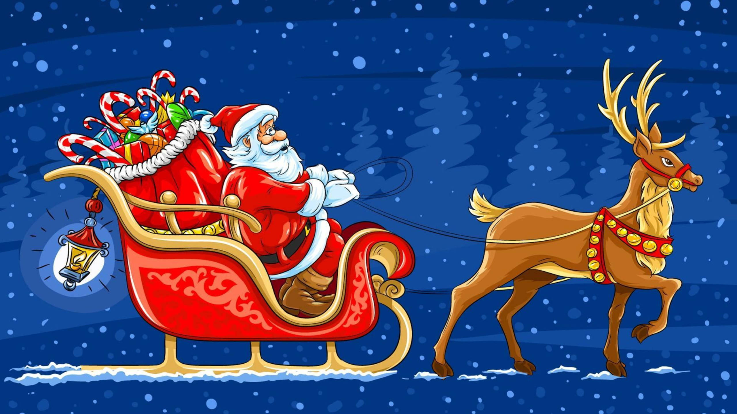 Cartoon Santa Claus And Reindeer 壁紙 — 聖誕老人乘坐由馴鹿拉著的紅色雪橇，飛過充滿飄落雪花和松樹的雪夜天空。