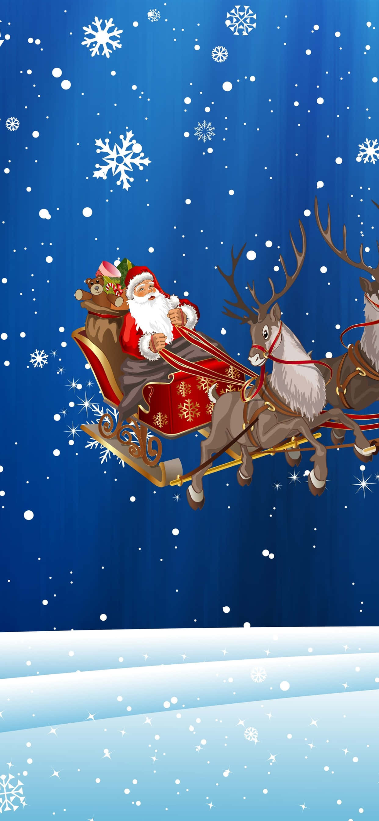 Santa 桌布 壁紙 — 聖誕老人乘坐由馴鹿拉著的紅色雪橇，飛過充滿飄落雪花的雪夜藍色天空。