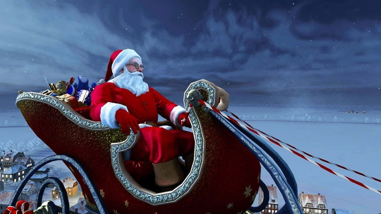 Santa Claus 桌布 壁紙 — 聖誕老人乘坐紅色雪橇，在繁星點點的夜空下飛越積雪覆蓋的屋頂。
