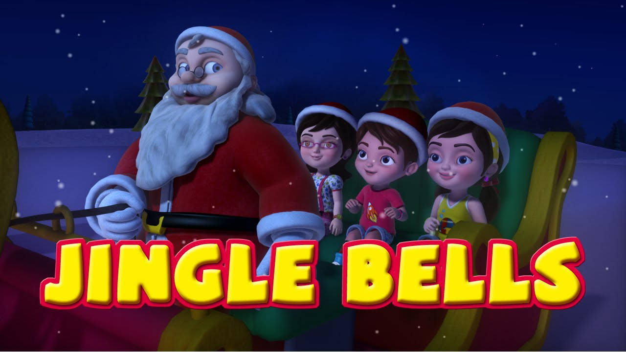Infobells《Jingle Bells》 壁紙 — 聖誕老人乘坐雪橇，與三個微笑的孩子在繁星點點的冬夜天空下。