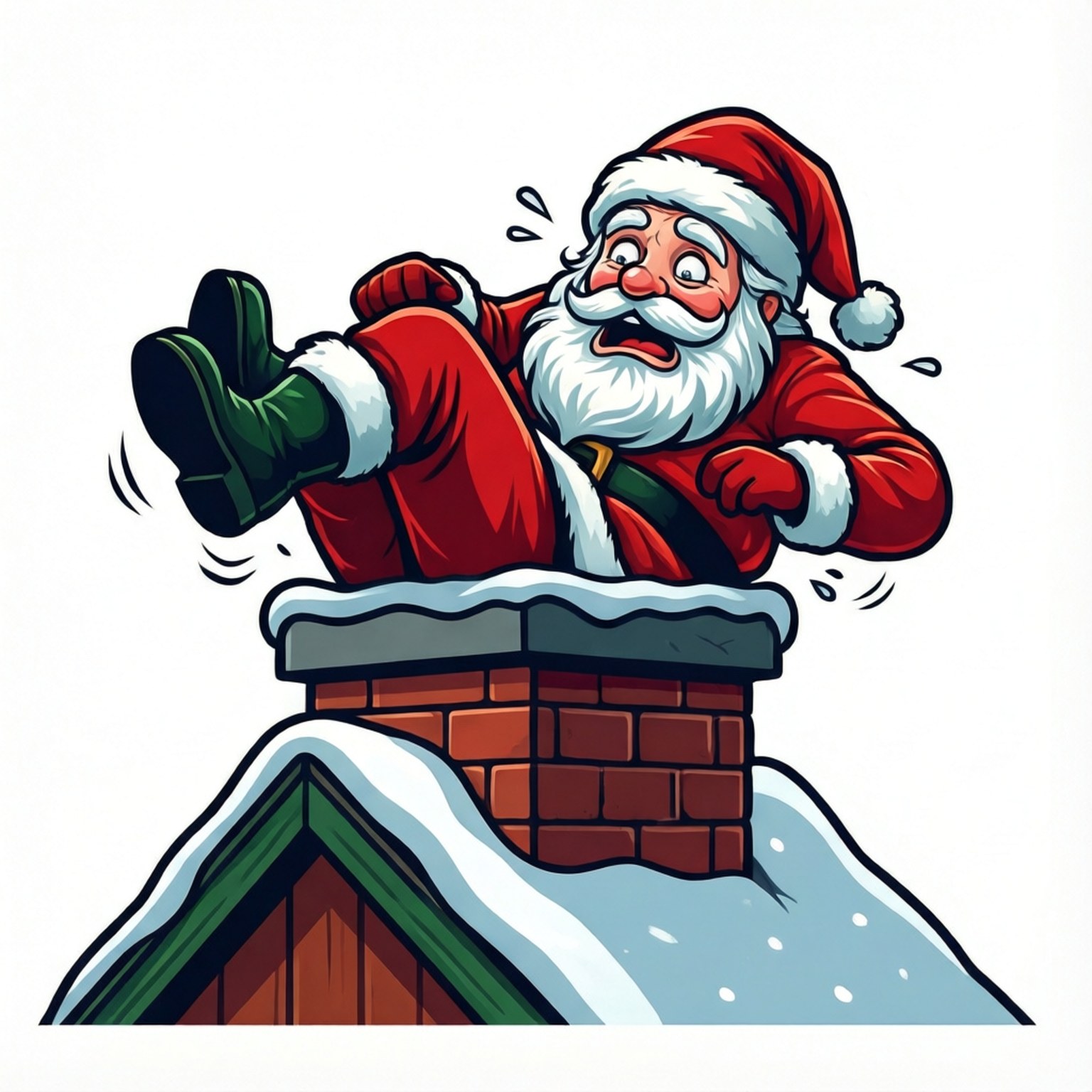 聖誕老人以驚訝的表情從積雪的煙囪滑下來。