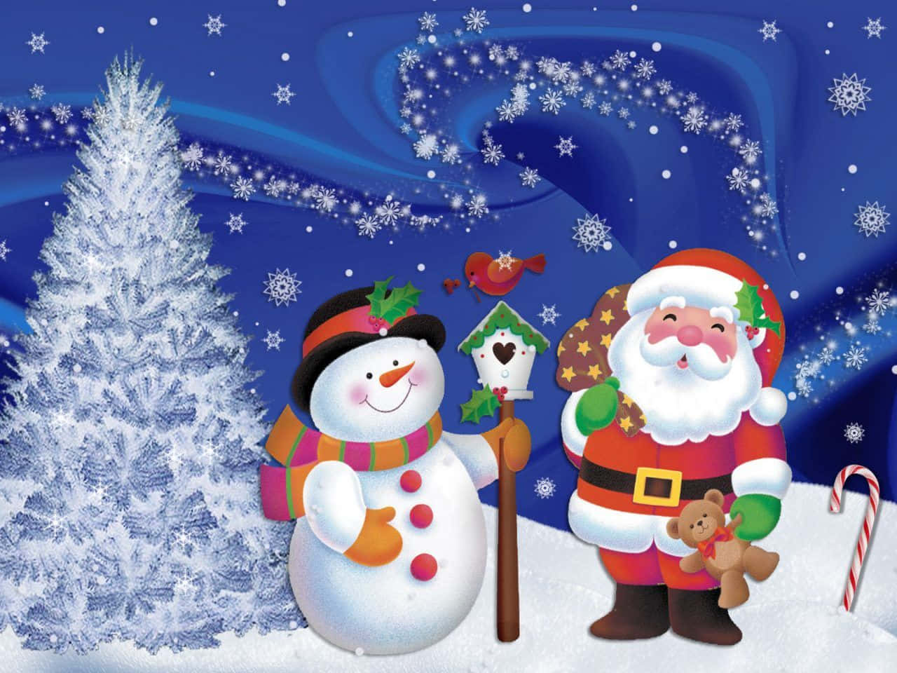 Santa Claus 桌布 壁紙 — 聖誕老人和一個快樂的雪人站在一個白雪皚皚的冬日場景中，有拐杖糖和積雪的樹木，在繁星點點的藍天下。