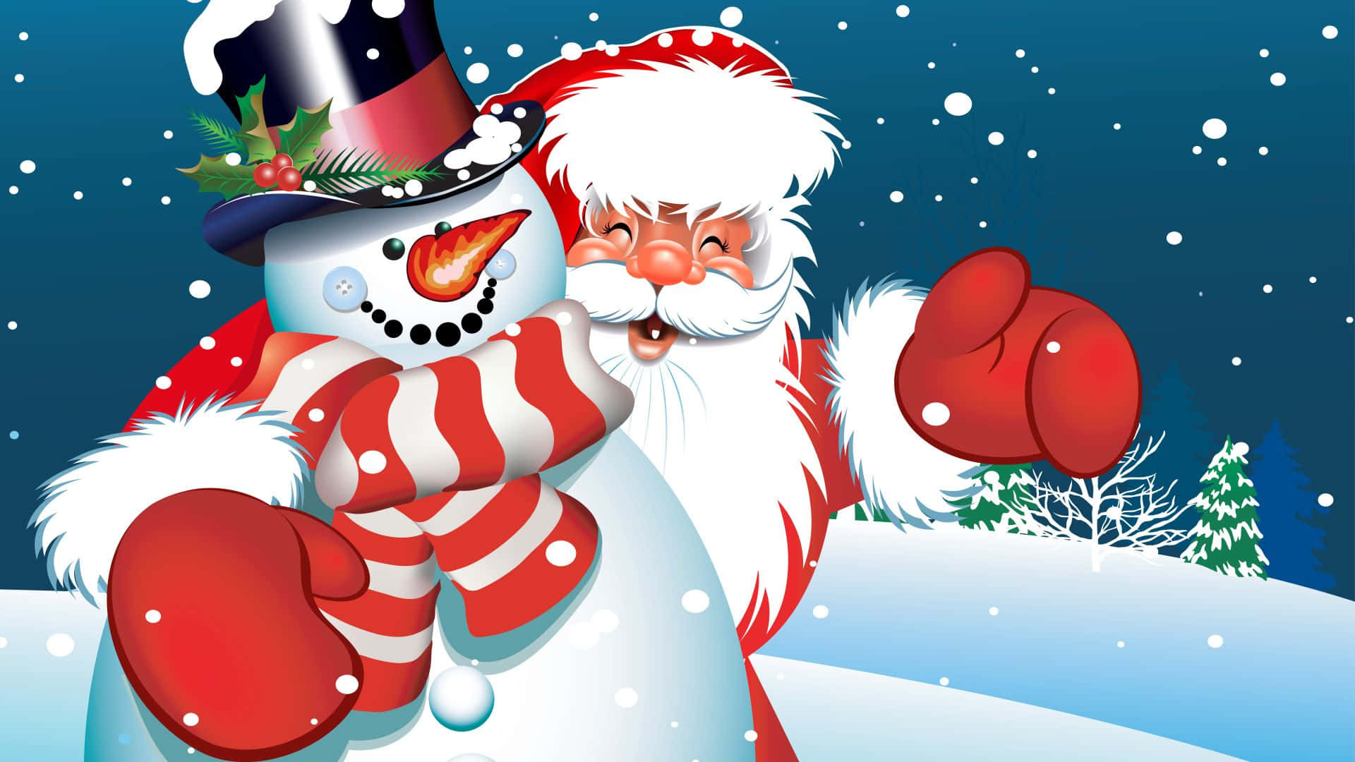 Santa Claus 桌布 壁紙 — 聖誕老人和一個雪人穿著節日紅色裝備，在雪花飄落的雪白冬季背景下溫暖地擁抱。