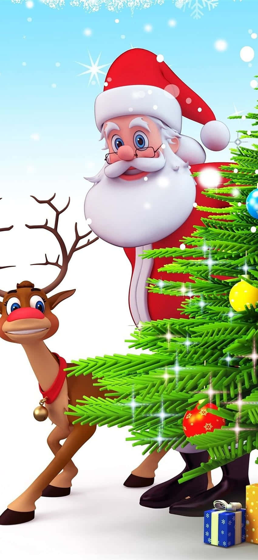 3d Christmas 桌布 壁紙 — 聖誕老人和一隻馴鹿站在一棵裝飾著發光飾物和飄落雪花的聖誕樹旁。