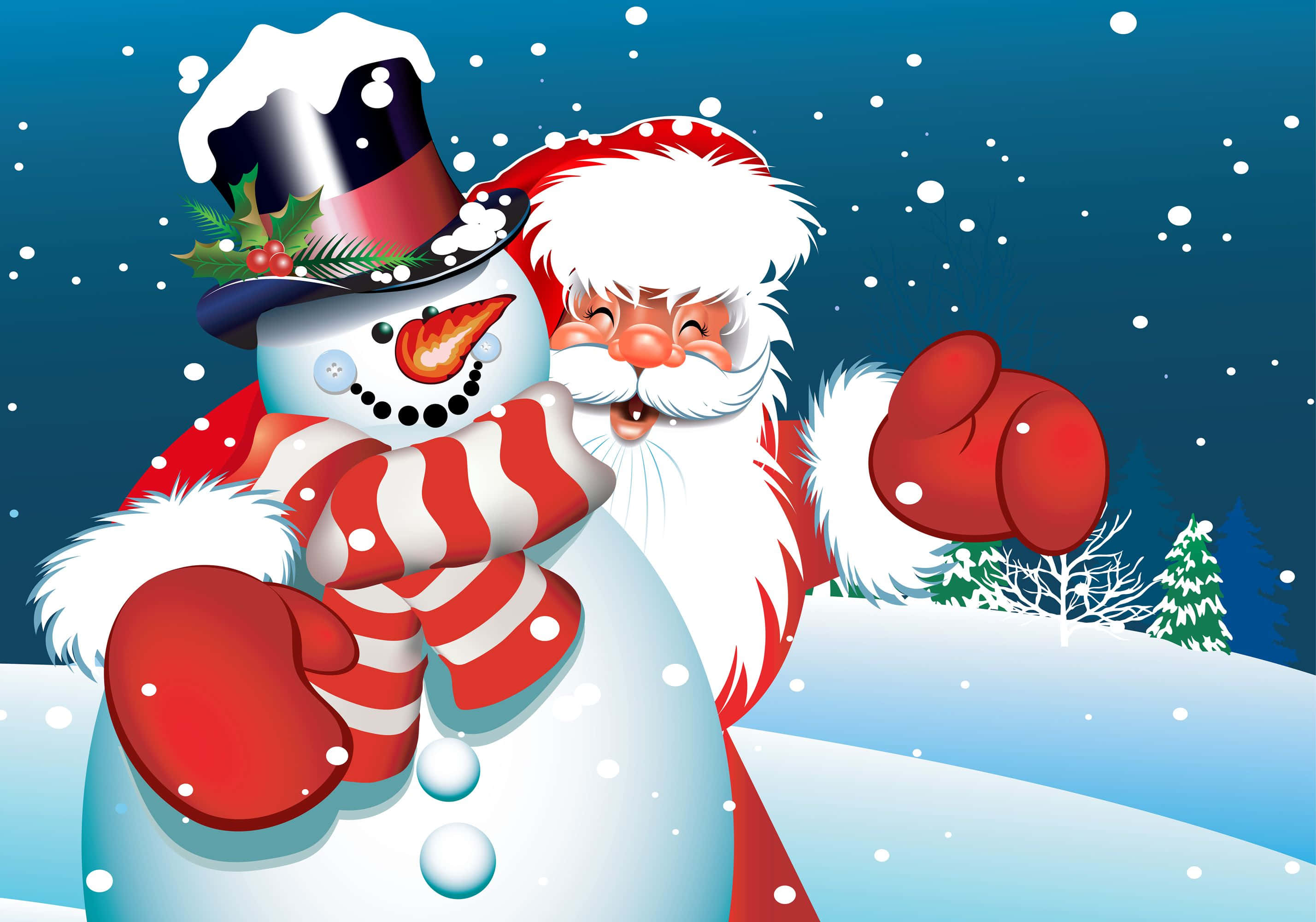 Santa Claus 桌布 壁紙 — 聖誕老人和雪人穿著節日紅色裝備，在飄雪中於雪白的冬季景觀中溫暖擁抱。
