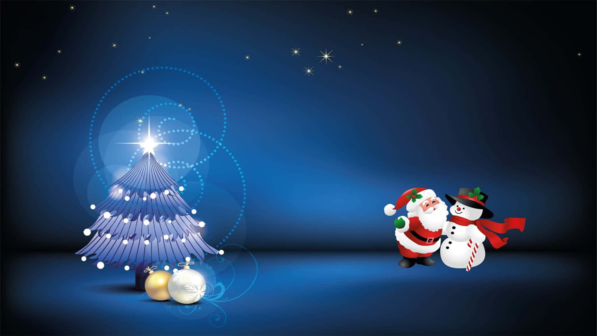 3d Christmas 桌布 壁紙 — 聖誕老人和雪人站在閃爍藍色聖誕樹旁，背景是滿天星斗的夜空。
