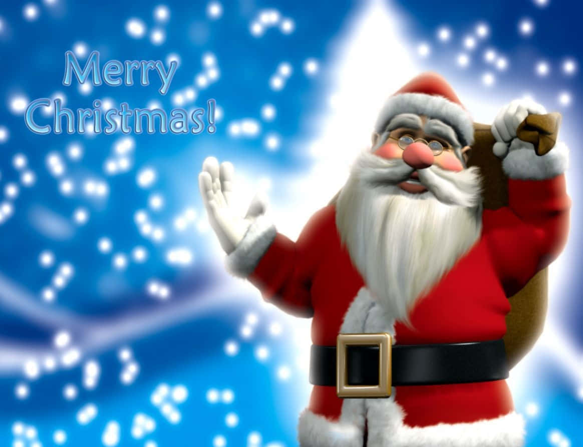 Christmas Movie 桌布 壁紙 — 聖誕老人喺明亮嘅藍色雪景背景中，隨住飄落嘅雪花同「聖誕快樂！」嘅祝福，愉快咁揮手。