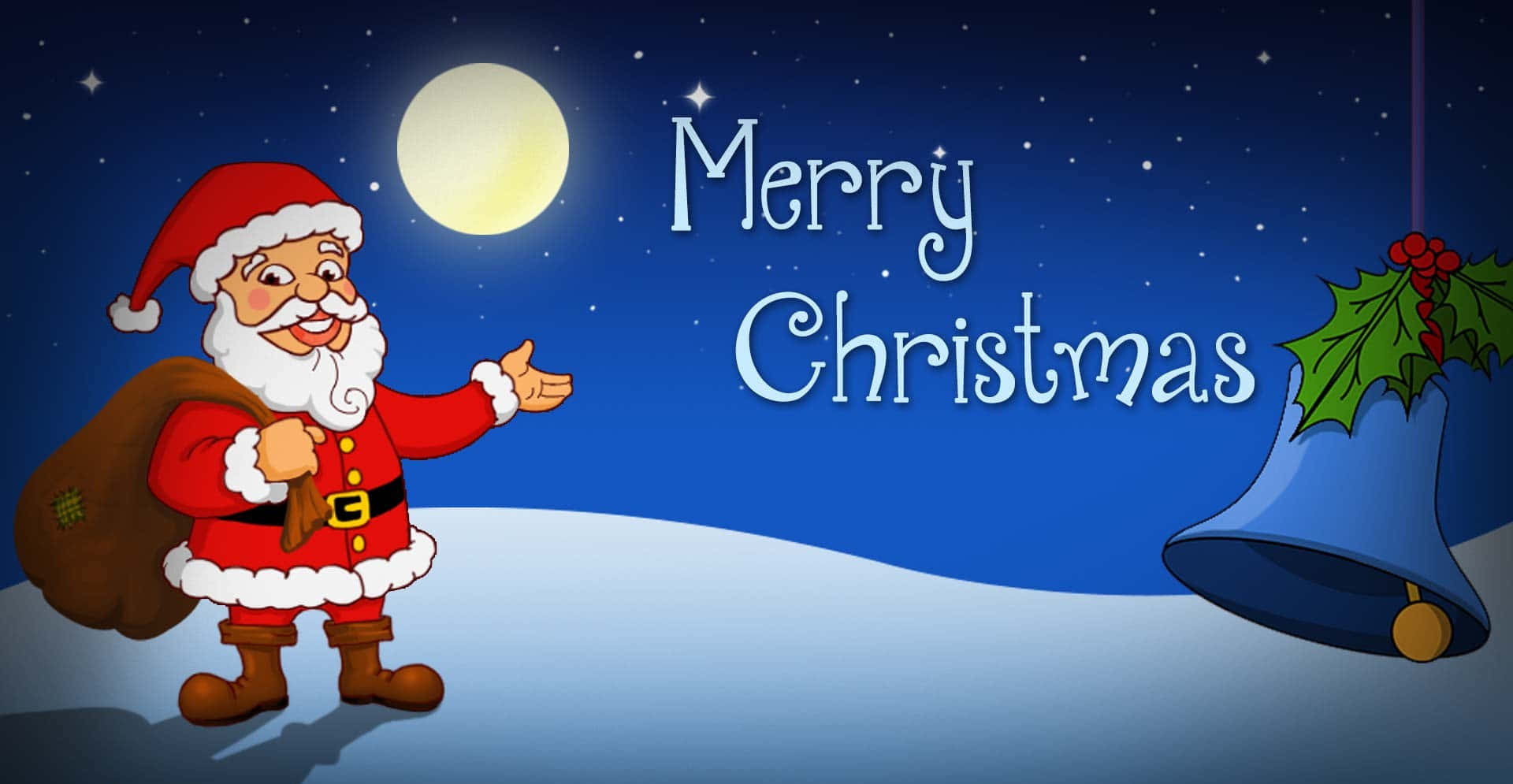 Ho! Ho! Ho! 壁紙 — 聖誕老人喺滿月下喺一個大藍色鐘同節日文字旁邊開心咁揮手。
