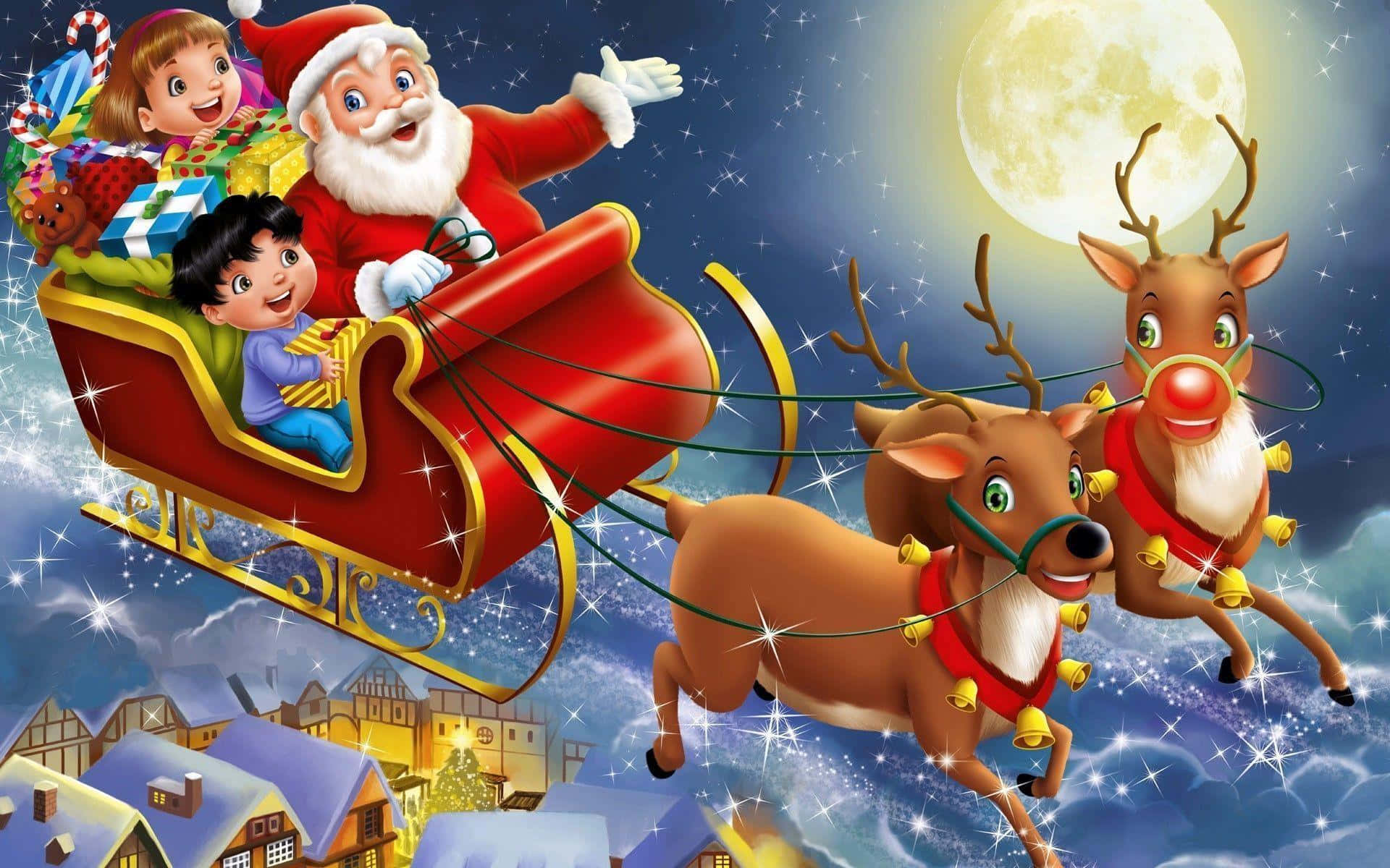 Santa Claus 桌布 壁紙 — 聖誕老人喺滿月下嘅雪村上空，坐住由發光紅鼻馴鹿拉嘅紅色雪橇，喺星光燦爛嘅夜空愉快飛翔。