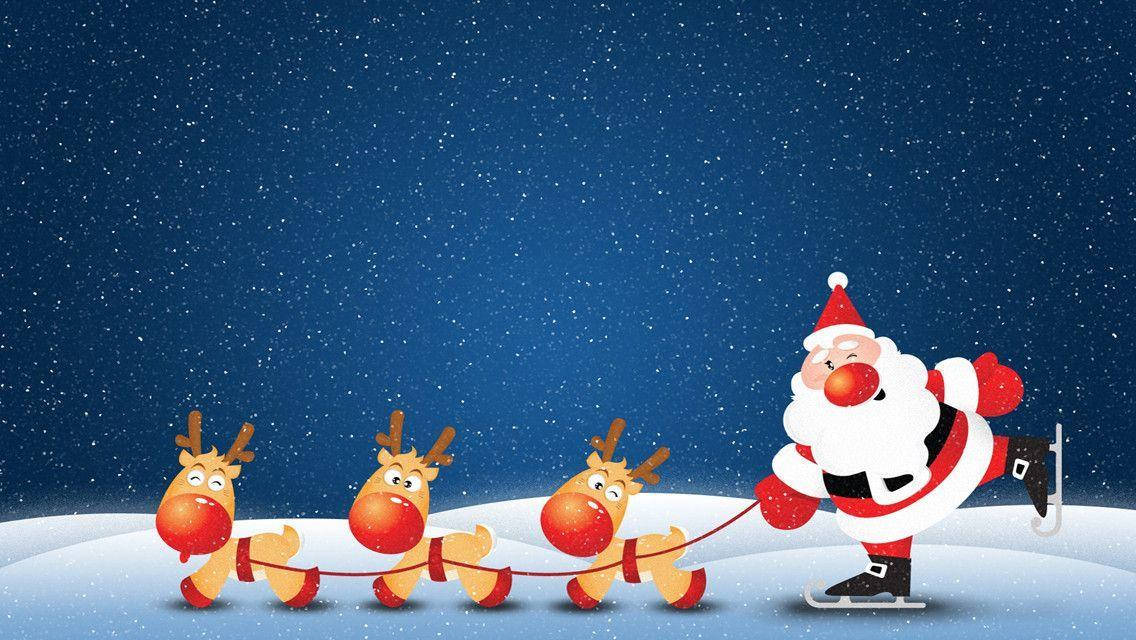 Reindeer 桌布 壁紙 — 聖誕老人在冰上溜冰，拉著三隻馴鹿穿越雪地，背景是滿天星斗的夜空。