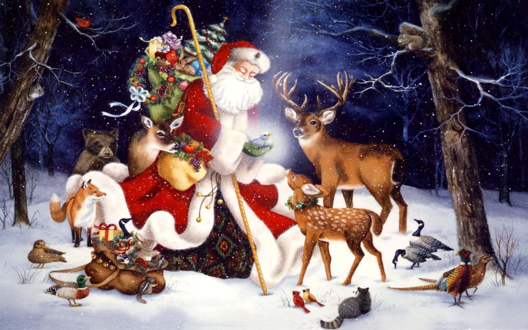 3d Christmas 桌布 壁紙 — 聖誕老人在夜晚的雪地森林中，被鹿、狐狸和鳥類圍繞，雪花飄落。