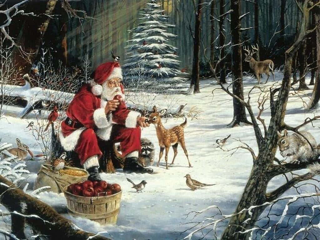 Santa Claus 桌布 壁紙 — 聖誕老人在白雪皚皚的森林中，在冬季樹下與鹿和各種林地動物分享蘋果。