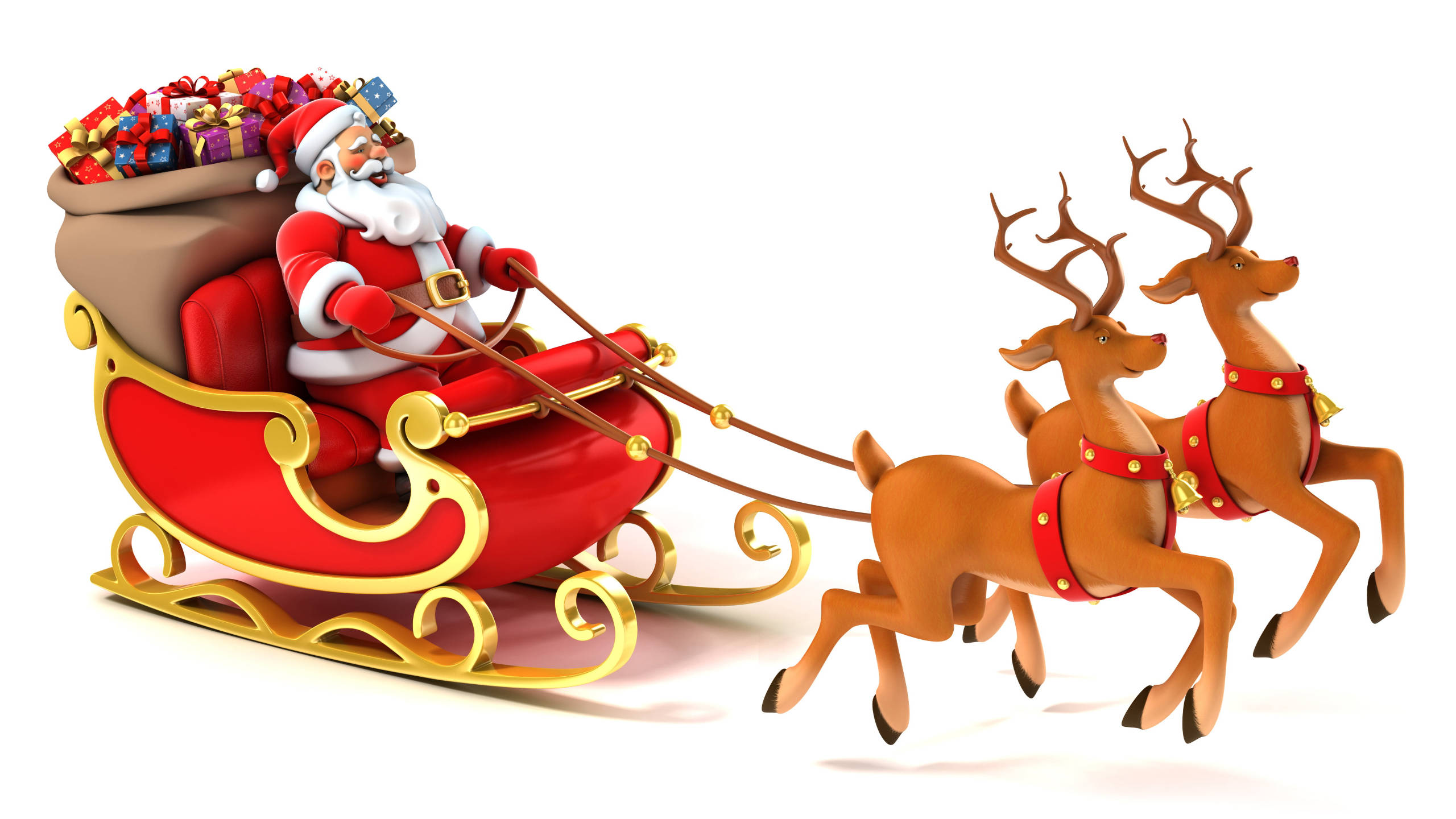 3D Santa Claus With Deers 壁紙 — 聖誕老人坐在由兩隻馴鹿拉著的紅色雪橇上，禮物從後面溢出。
