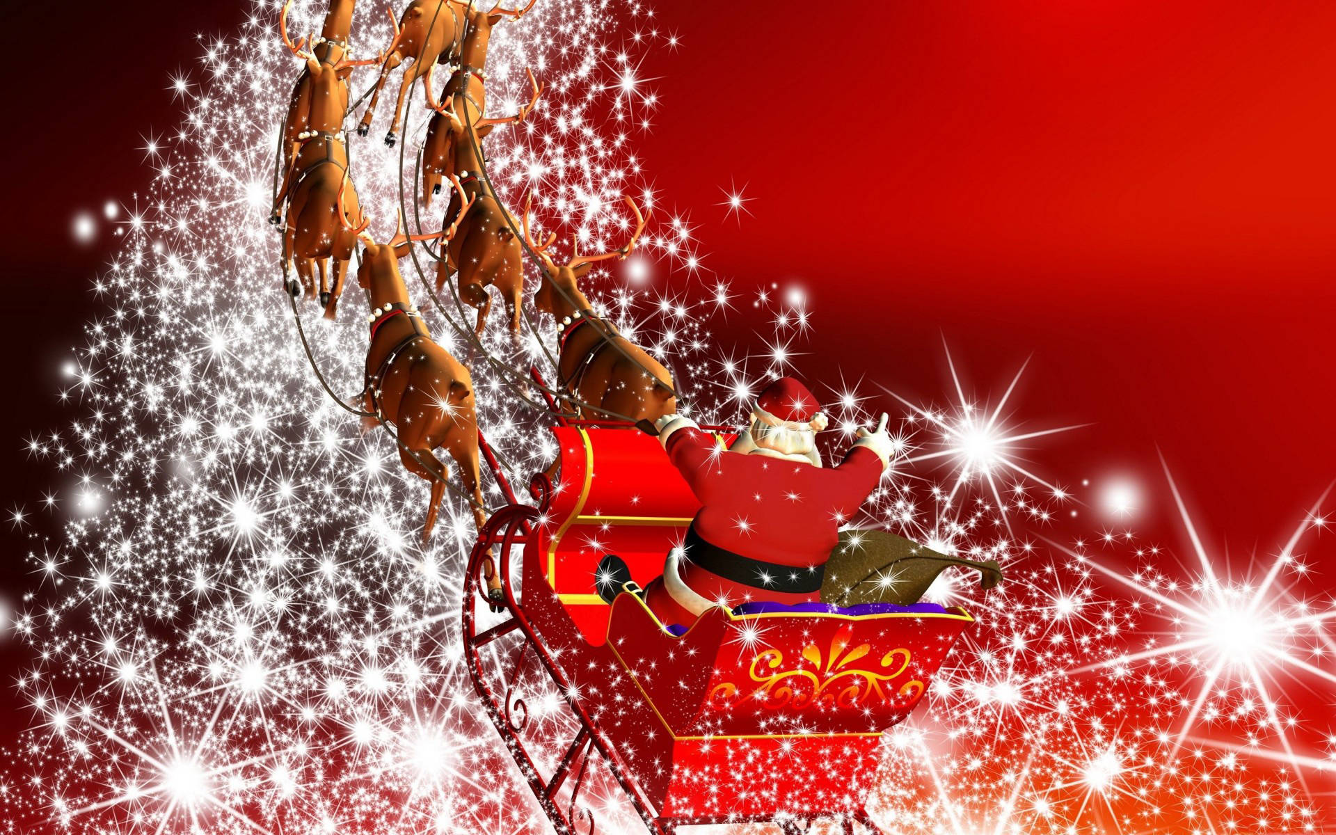 Santa Claus 桌布 壁紙 — 聖誕老人坐在由馴鹿拉著的紅色雪橇上，在閃爍的星空下飛翔，背景是鮮豔的紅色。