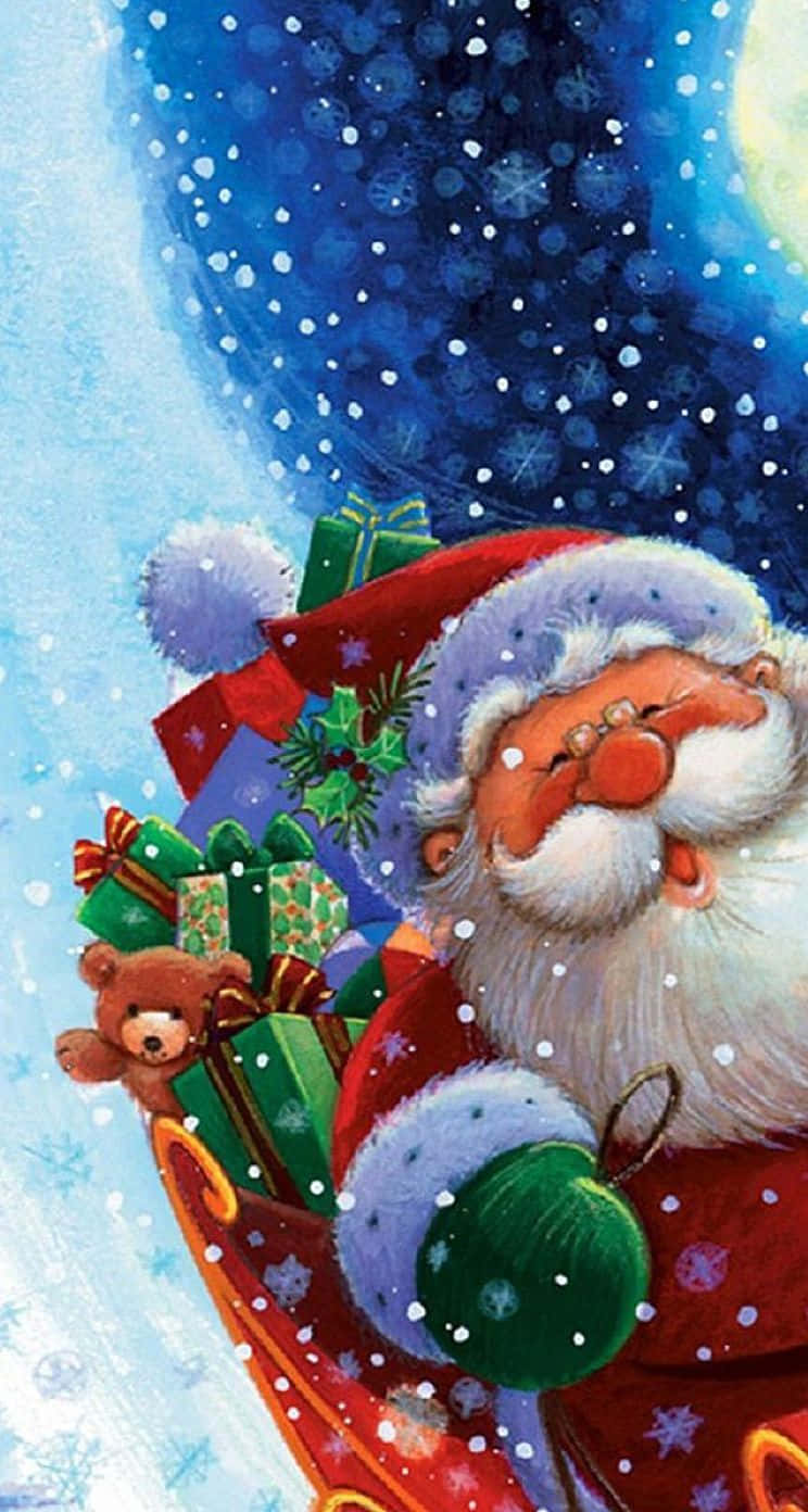 Santa 桌布 壁紙 — 聖誕老人坐在裝滿禮物和泰迪熊的紅色雪橇上，在雪花飄落的雪藍色天空中滑行。