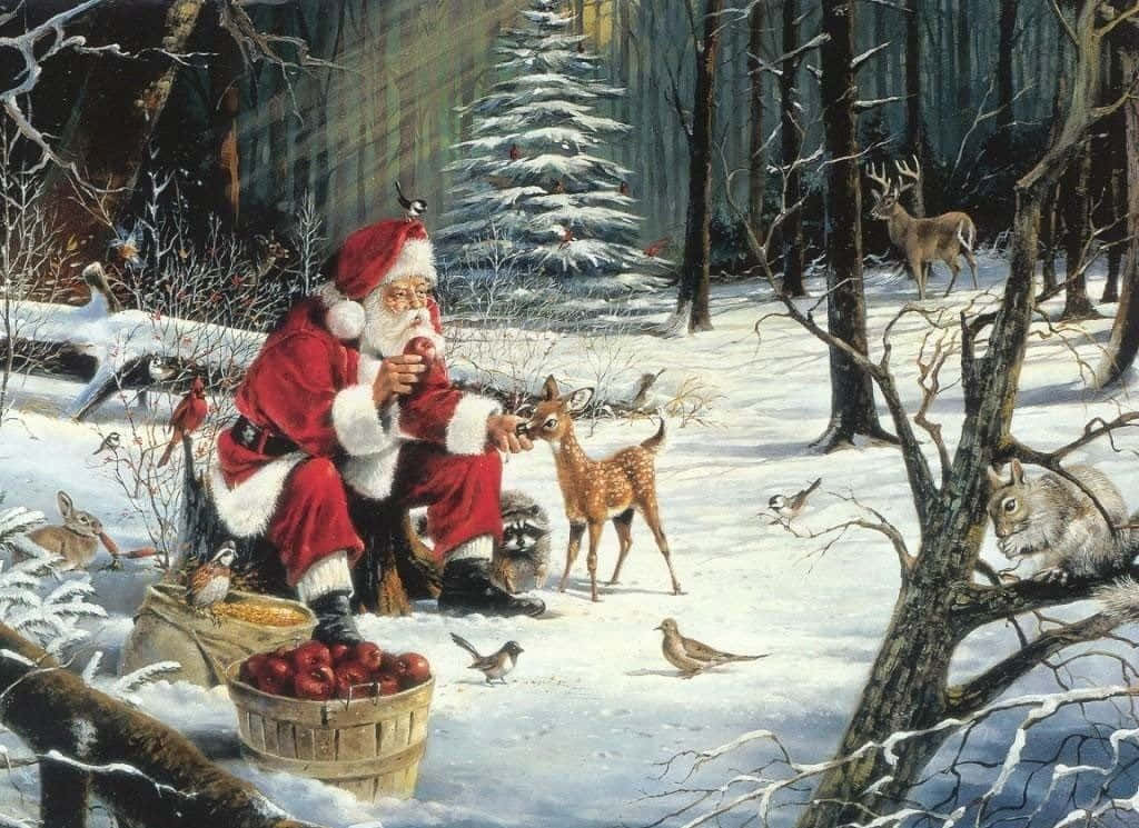 Vintage Christmas 桌布 壁紙 — 聖誕老人坐在雪地森林中，在冬季樹下與小鹿和森林動物分享蘋果。