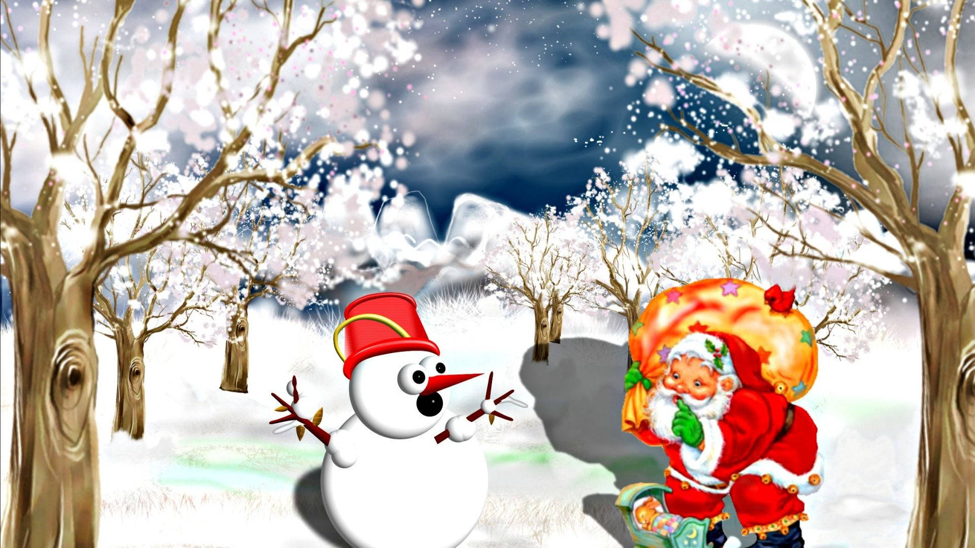 雪人 桌布 壁紙 — 聖誕老人帶著一個巨大的袋子，在黑暗的夜空下，走在雪樹旁，旁邊有一個快樂的雪人。